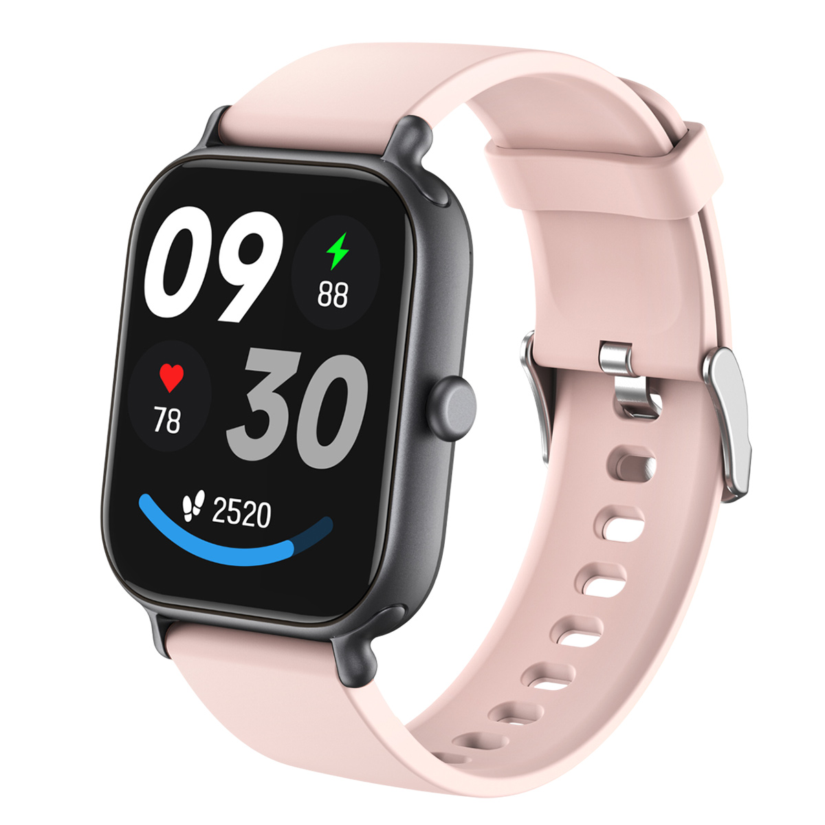 Smartwatch mit rosa Armband. Der Bildschirm zeigt Zeit, Herzfrequenz, Schritte und Akkulaufzeit an. Schwarzer Rahmen mit silberner Schnalle.