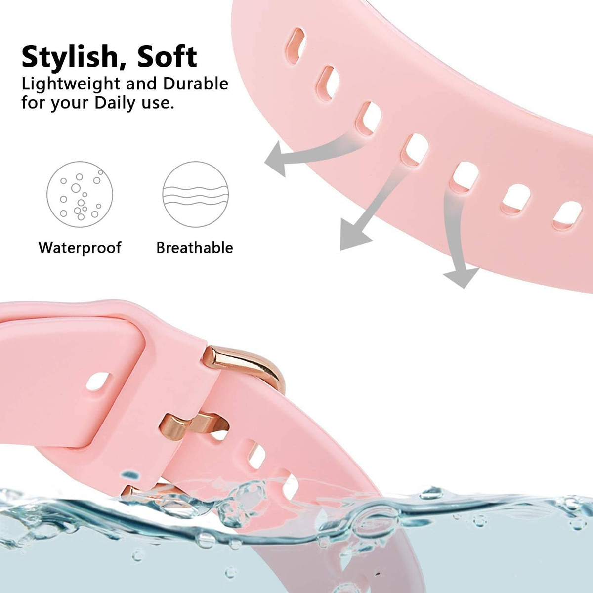 Rosa Uhrenarmband, wasserdicht und atmungsaktiv. Text sagt 'Stylish, Soft' und 'Lightweight and Durable'. Pfeile zeigen die Merkmale.