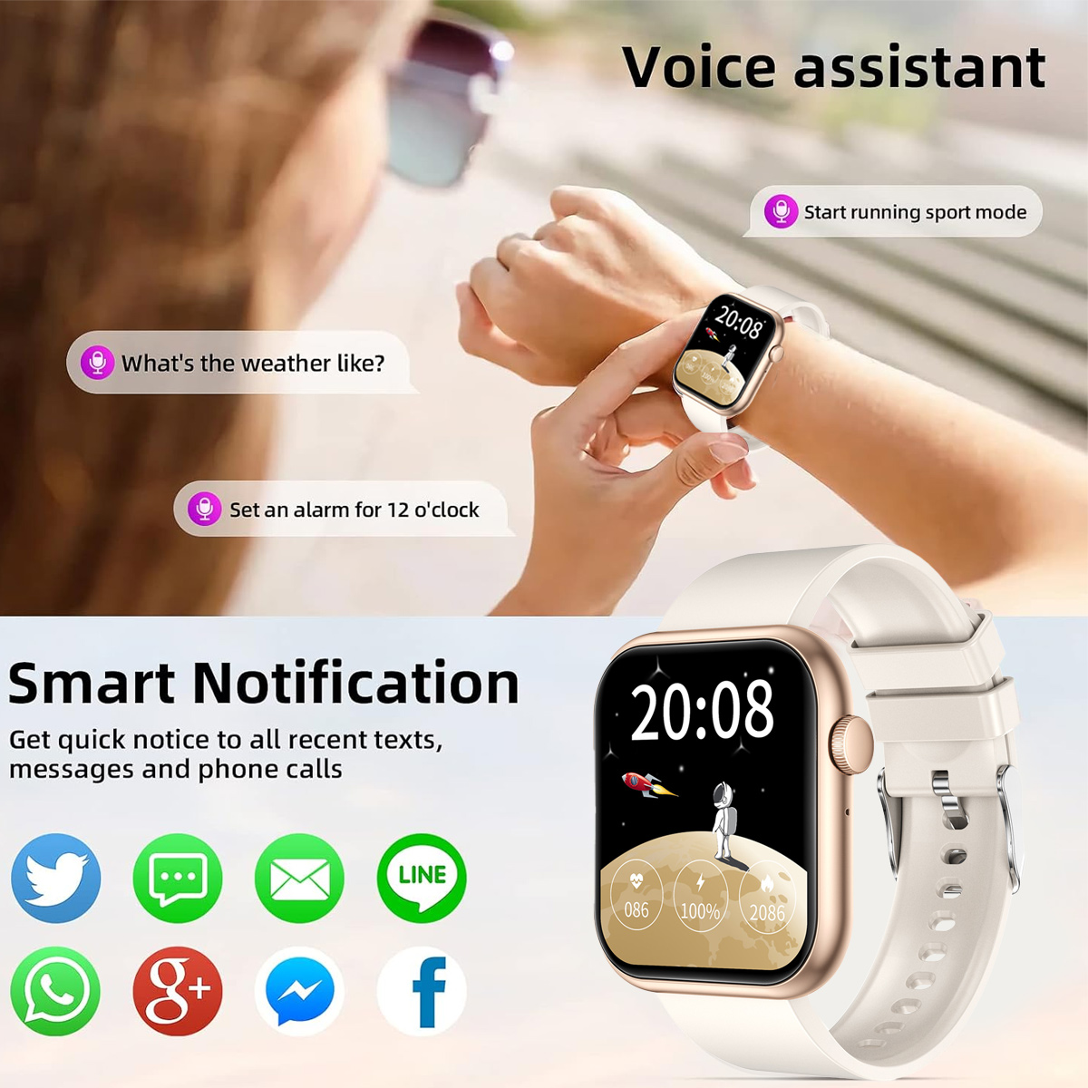 Eine Person trägt eine Smartwatch, die die Uhrzeit anzeigt. Die Uhr zeigt verschiedene Symbole und Optionen für Benachrichtigungen und Sprachassistenten.