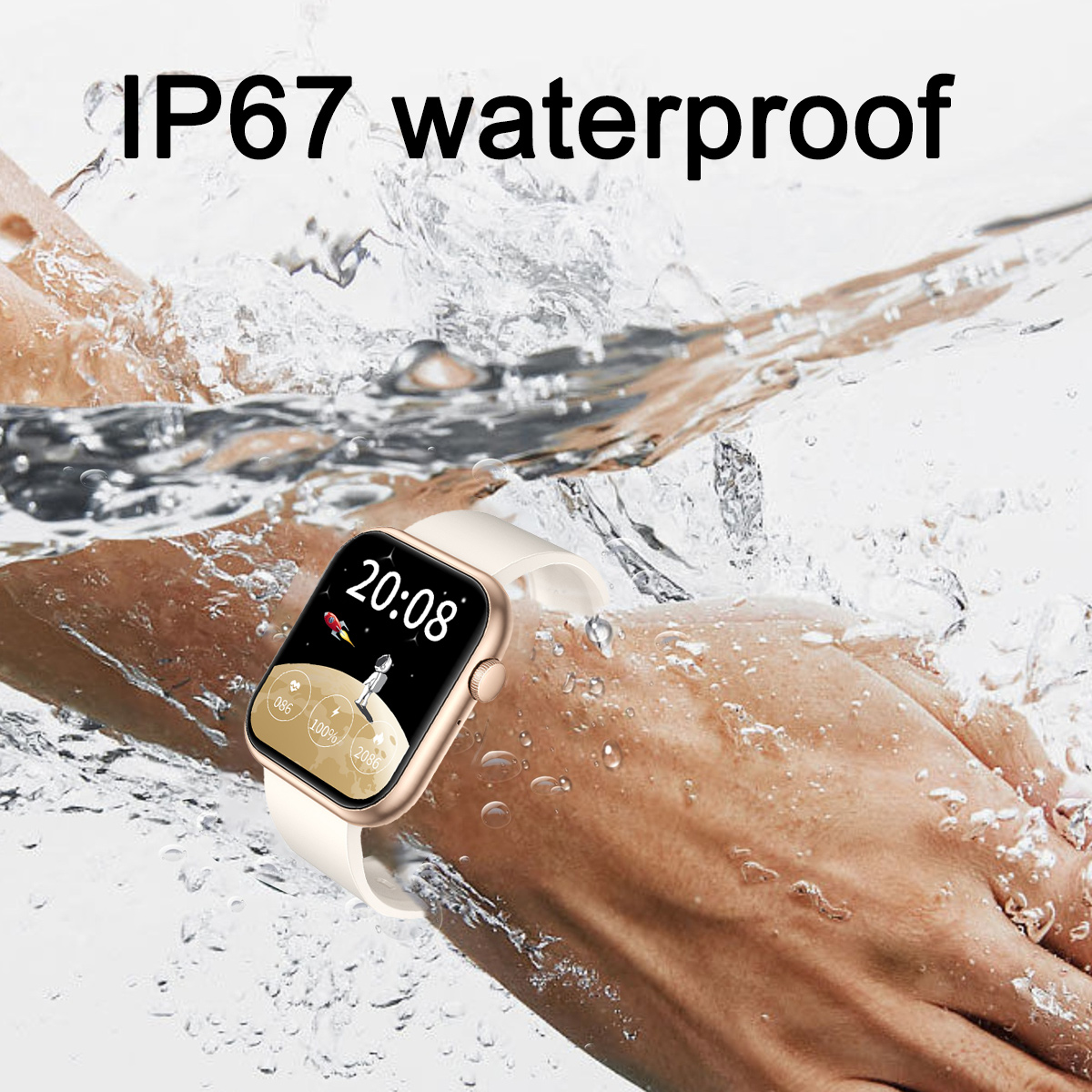 Eine goldene Smartwatch mit weißem Armband ist in Wasser getaucht. Der Bildschirm zeigt Zeit und Grafiken. Text 'IP67 wasserdicht' steht darüber.