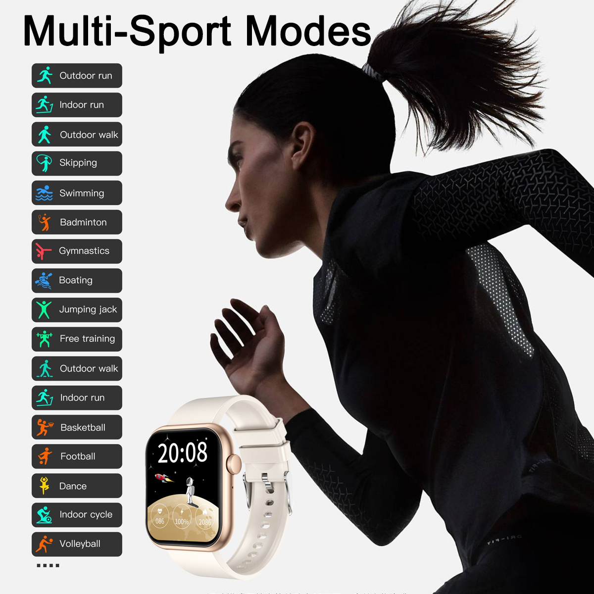 Eine Frau mit Smartwatch rennt. Die Uhr zeigt 20:08 an. Menü zeigt Sportmodi: Laufen, Schwimmen, Badminton usw.