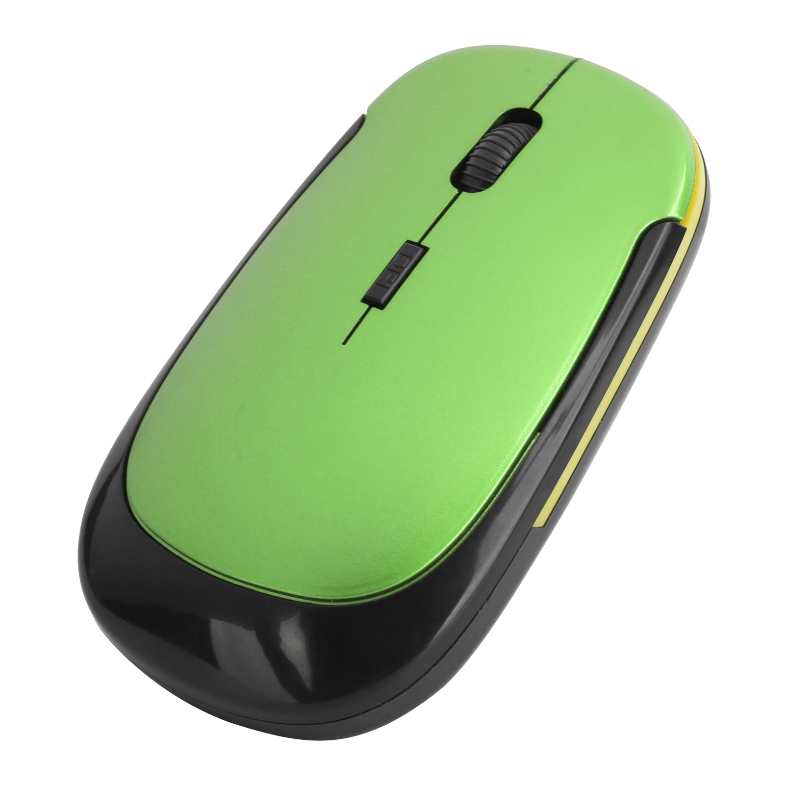 Eine grüne und schwarze kabellose Computermaus mit Scrollrad und DPI-Taste, isoliert auf Weiß.