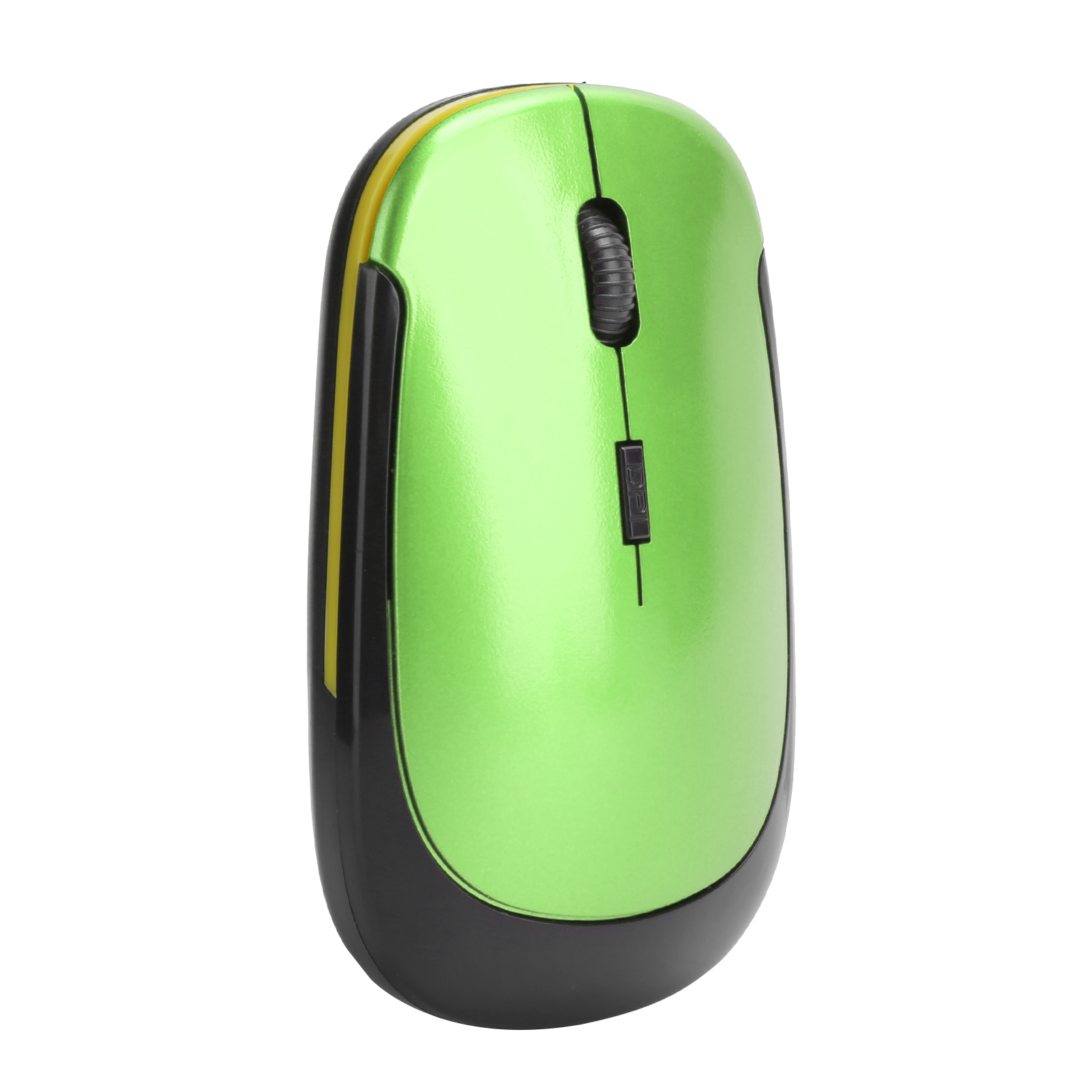 Eine grüne und schwarze drahtlose Computermaus mit Scrollrad und DPI-Taste vor weißem Hintergrund.