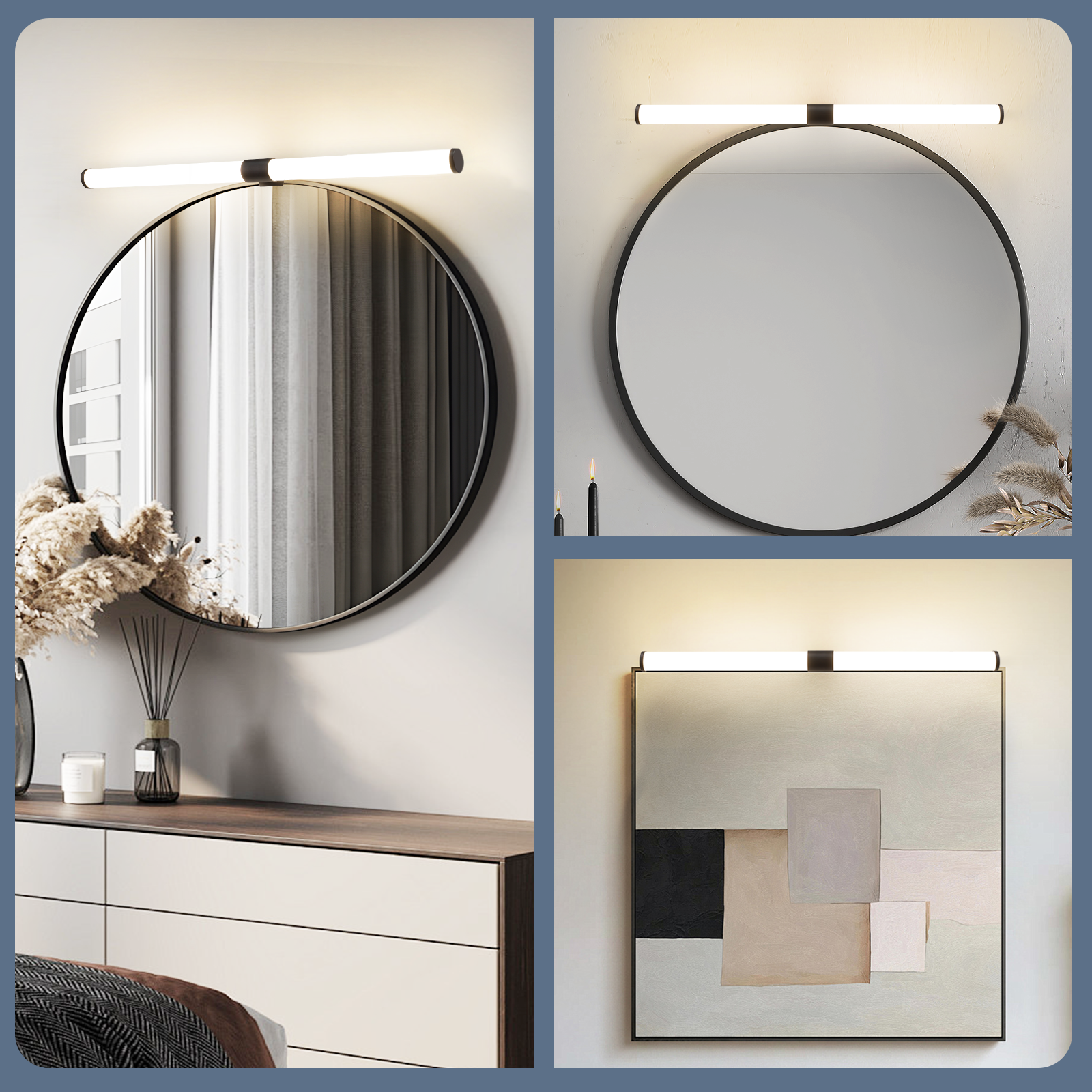 Eine moderne Badeszene mit rundem Spiegel, Lampe, Kommode mit Deko und abstraktem Gemälde.