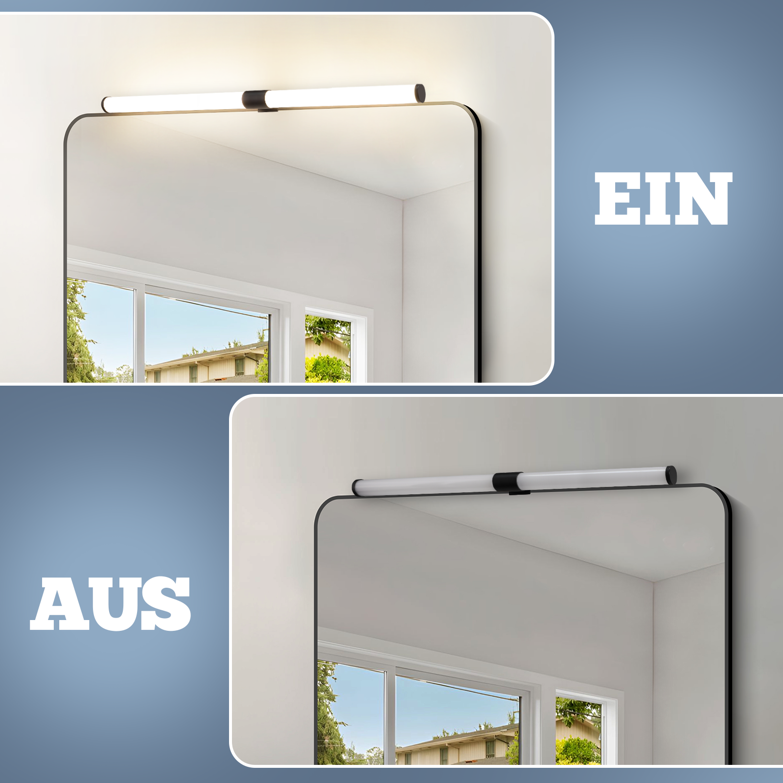 Spiegel mit Leuchte. Ein Bild zeigt Licht an (EIN), das andere aus (AUS). Fenster im Hintergrund.