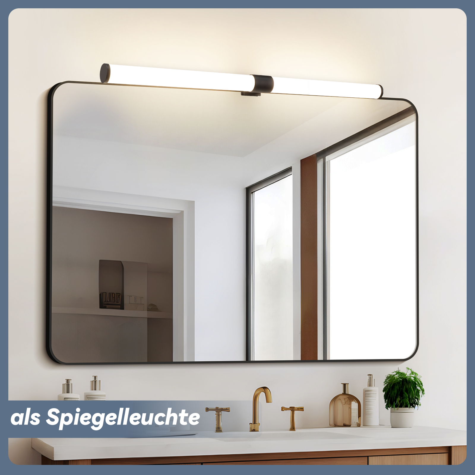 Ein moderner Badezimmerspiegel mit schwarzem Rahmen und einer Lichtleiste. Darunter befinden sich Waschbecken und Zubehör.