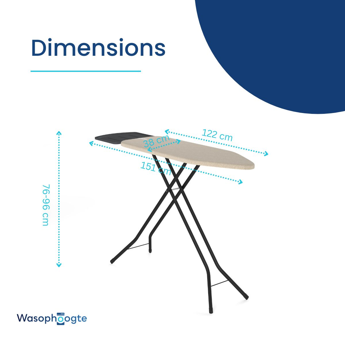 An ironing board with dimensions. The board is black and beige. The height is 76-96 cm, width is 38 cm, and length is 122 cm and 151 cm.