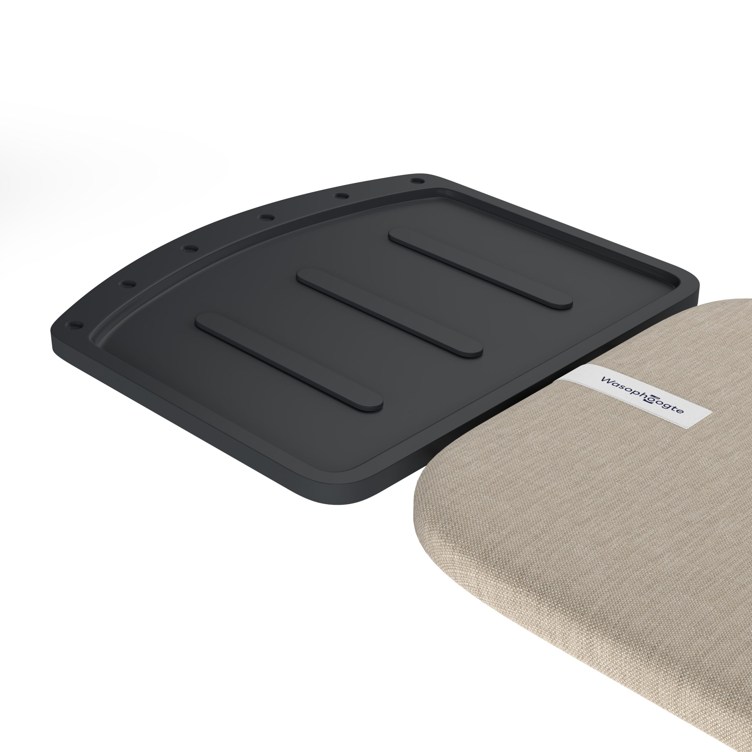 A black tray with raised edges and three ridges sits above a beige fabric. A label reads 'Wasophh0gcte'.