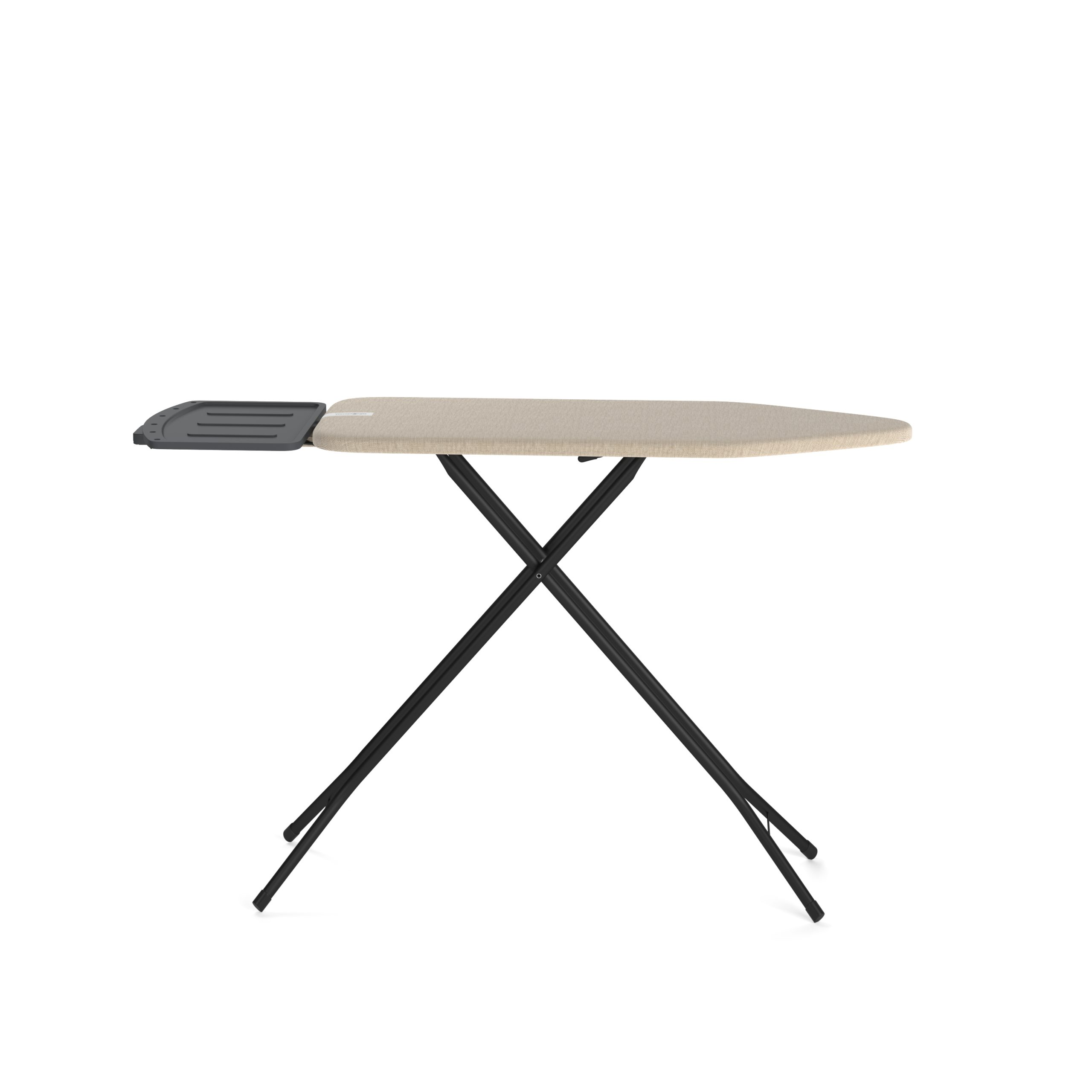 An ironing board stands on a white background. It has a beige surface and black legs, and a dark grey iron rest.