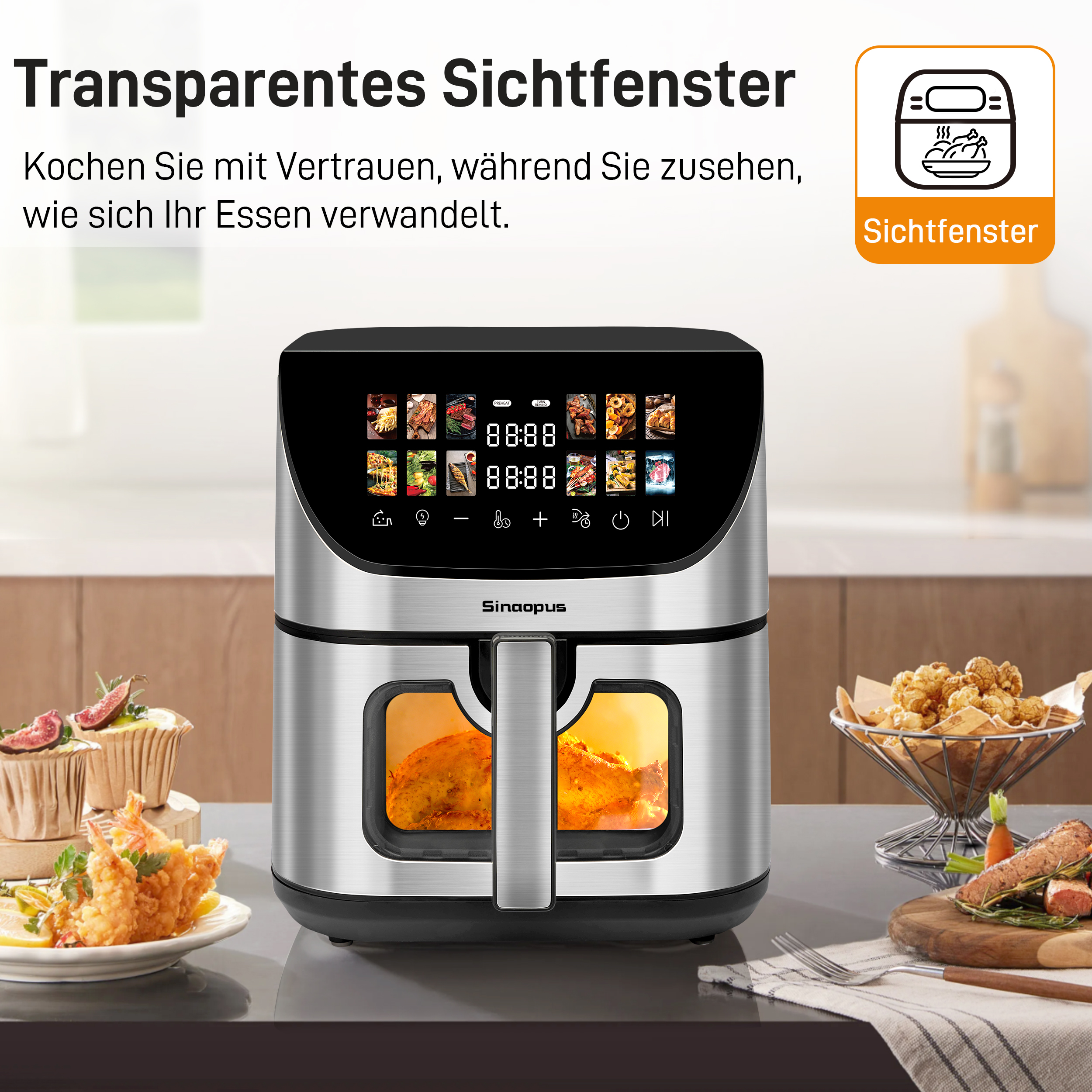 Eine Heißluftfritteuse mit transparentem Fenster. Gebratenes Essen und Display auf der Vorderseite.