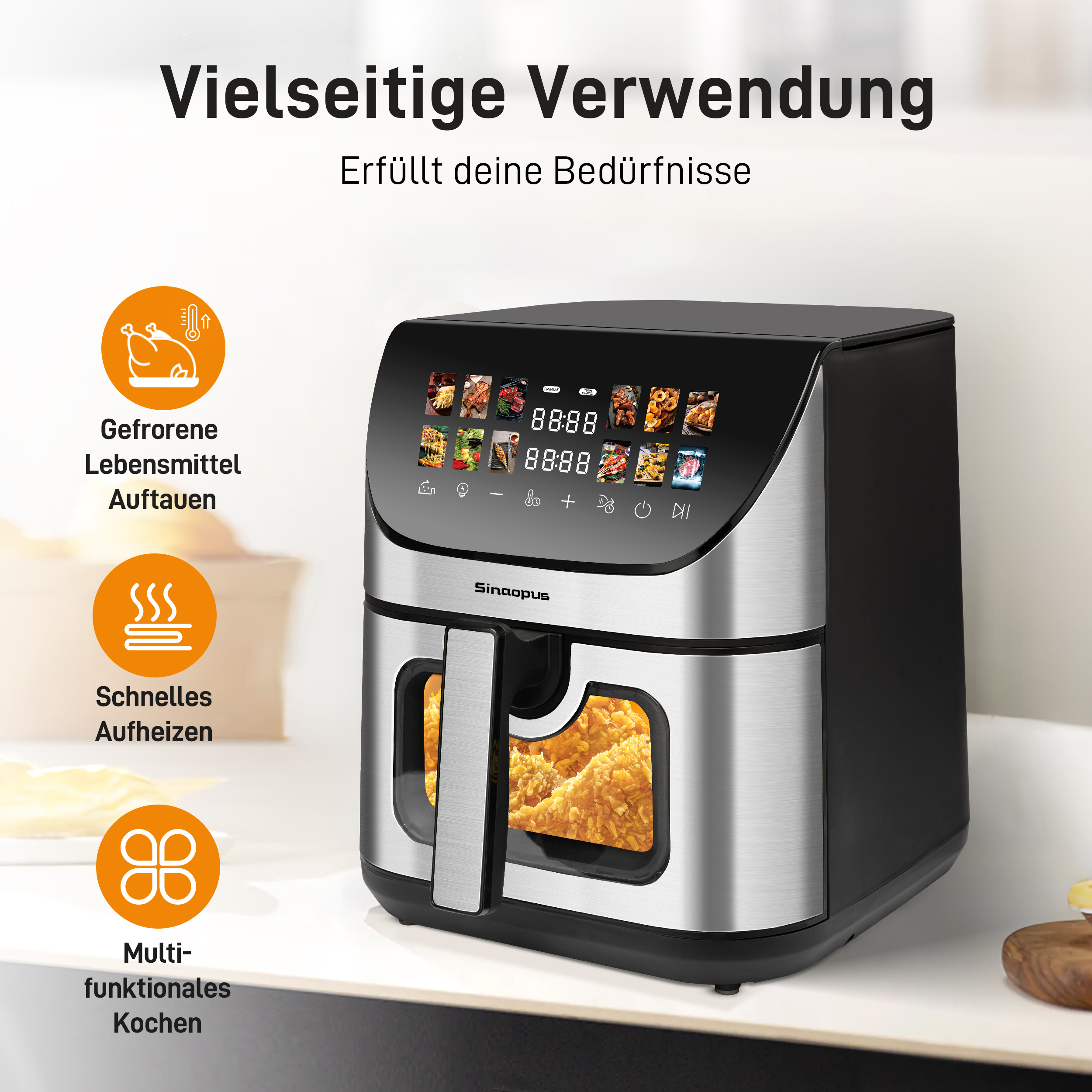 Eine Heißluftfritteuse mit Digitalanzeige, die Lebensmittel gart. Mit Symbolen zum Auftauen, schnellen Aufheizen und Multikochen.
