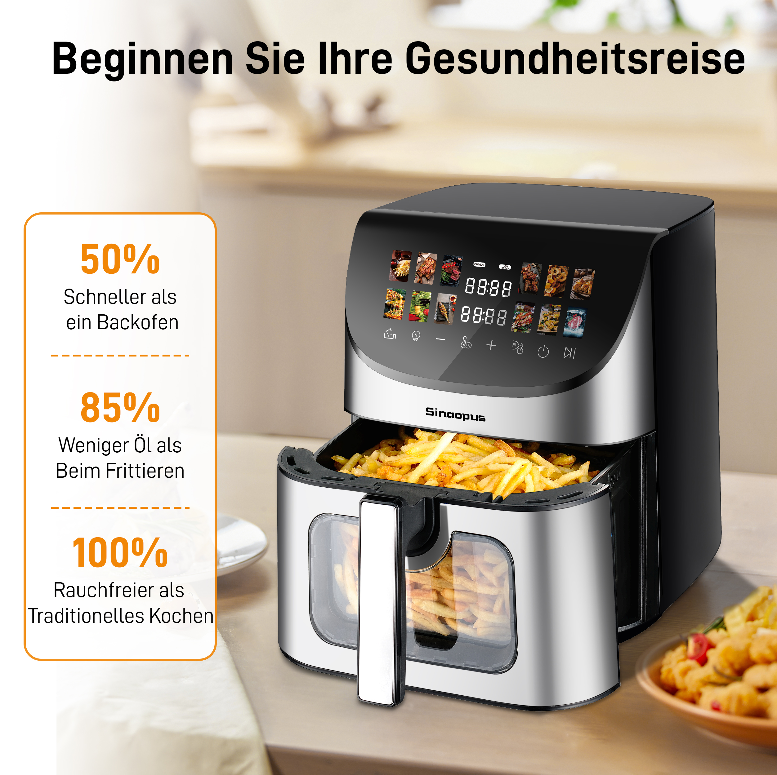 Eine Heißluftfritteuse mit Pommes Frites. Text daneben: 50 % schneller, 85 % weniger Öl und 100 % rauchfreies Kochen.