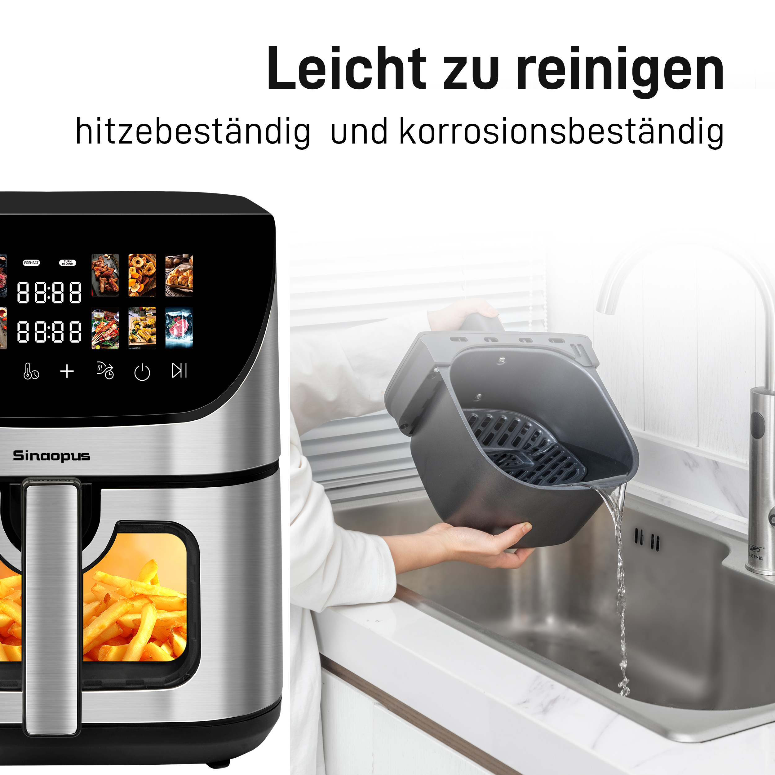 Eine Heißluftfritteuse mit Digitalanzeige und eine Person, die ihren Korb ausspült. Text: leicht zu reinigen, hitze- und korrosionsbeständig.