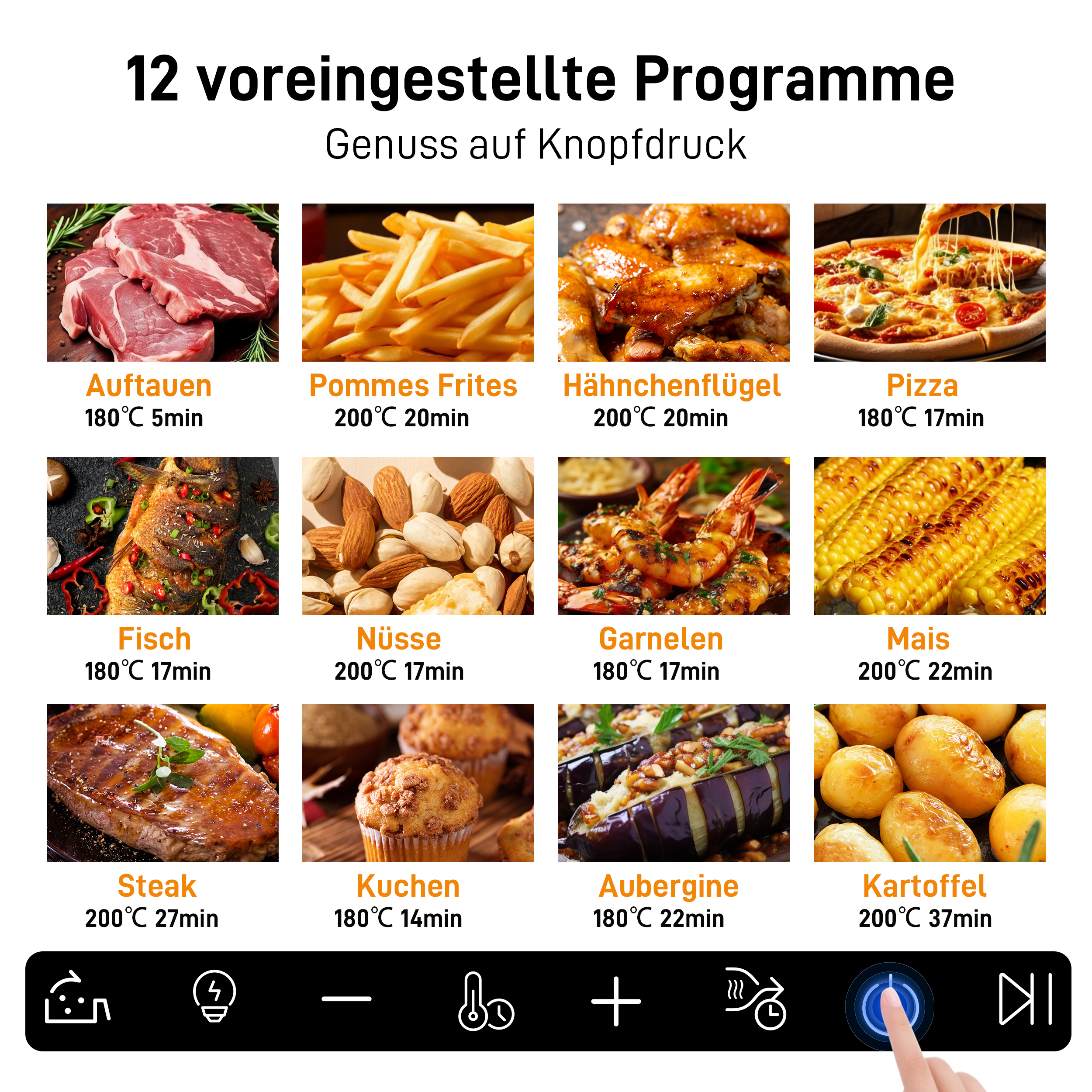 Bild mit 12 Essensoptionen wie Fleisch, Pommes, Pizza und Mais, mit Kochanweisungen. Eine Hand berührt den Power-Knopf.