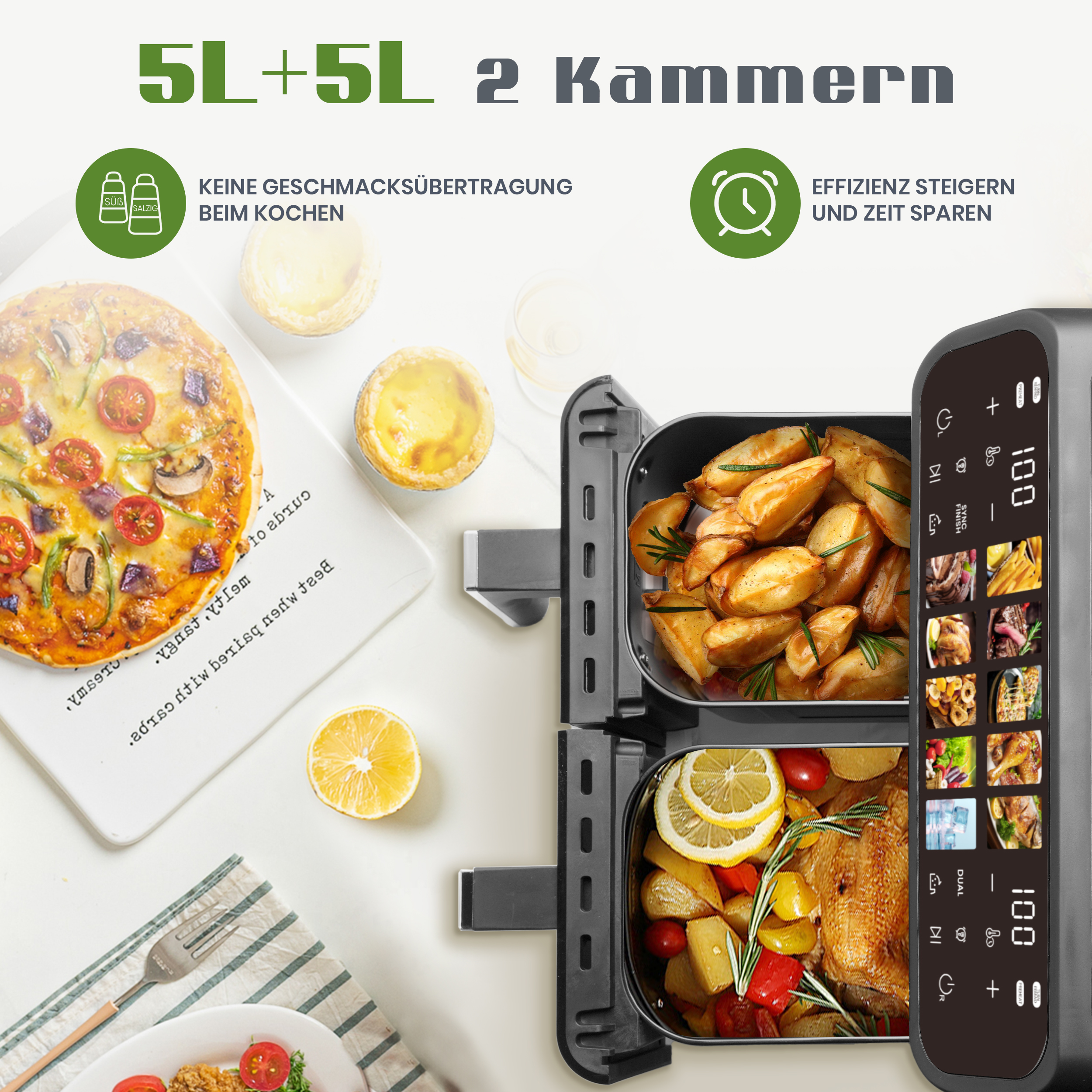 Eine Heißluftfritteuse mit zwei Fächern, eines mit Kartoffeln, das andere mit Ente. Pizza, Gebäck und eine Zitrone sind sichtbar.