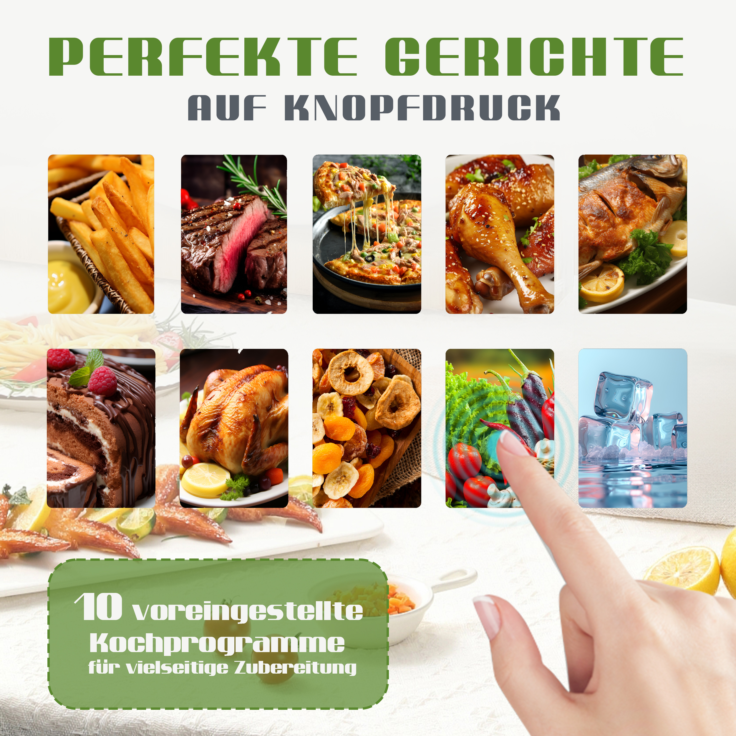 Das Bild zeigt verschiedene Lebensmittel, darunter Pommes Frites, Steak, Pizza, Huhn, Kuchen und Eiswürfel. Ein Finger berührt das Gemüse.
