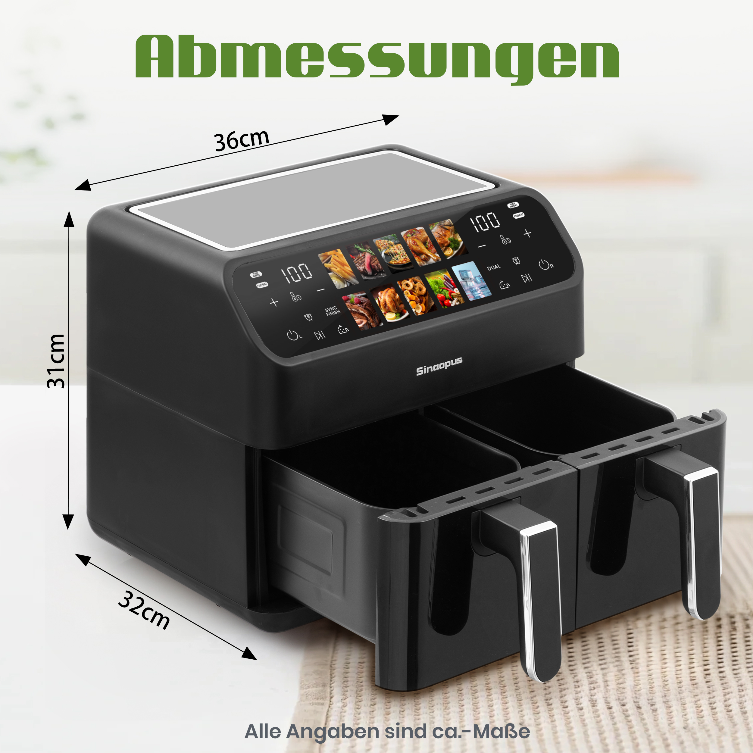 Schwarze Heißluftfritteuse mit zwei Körben. Es hat ein digitales Display und Abmessungen.