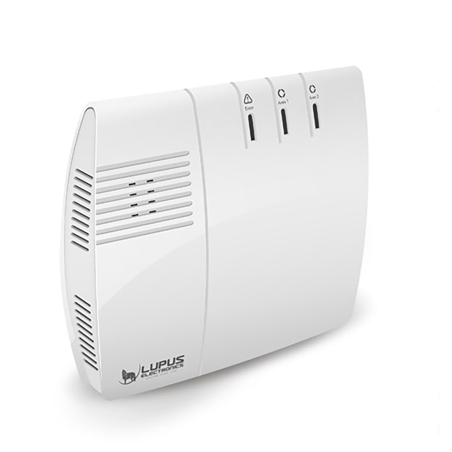 Weißes LUPUS-Elektronik-Sicherheitsgerät. Es hat Kontrollleuchten und ein Gitter. Logo unten links.