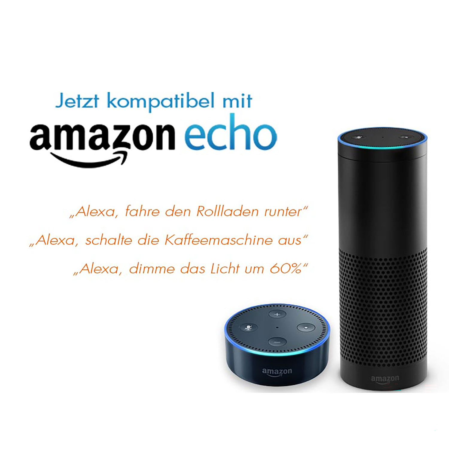 Werbung für Amazon Echo-Geräte. Es zeigt zwei schwarze Lautsprecher und Text auf Deutsch, einschließlich Alexa-Befehlen.