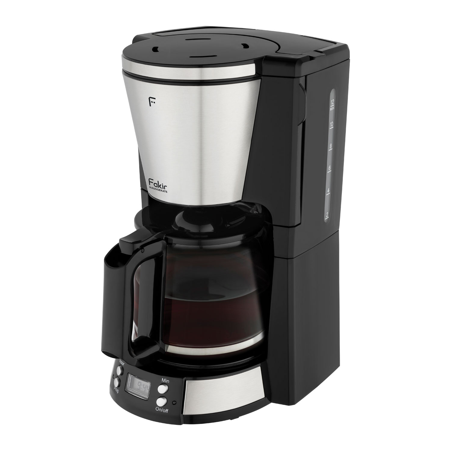 Eine schwarz-silberne Fakir-Kaffeemaschine. Sie hat eine Glaskaraffe mit Kaffee gefüllt. Sie hat eine Digitaluhr und eine Wasserstandsanzeige.