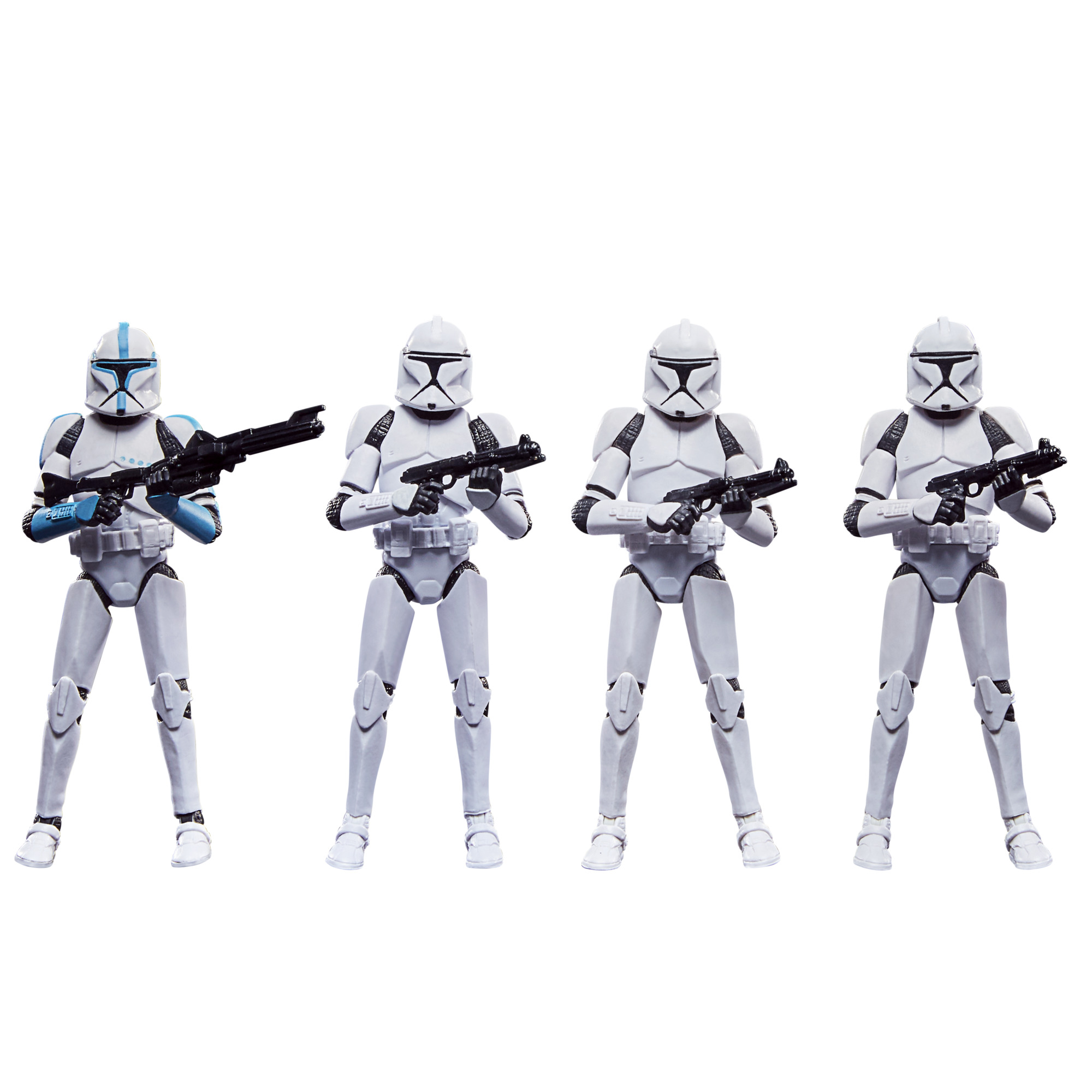 Beyaz ve gri zırhlı, siyah blaster tutan dört Star Wars klon askeri figürü, beyaz bir arka plan üzerinde duruyor.