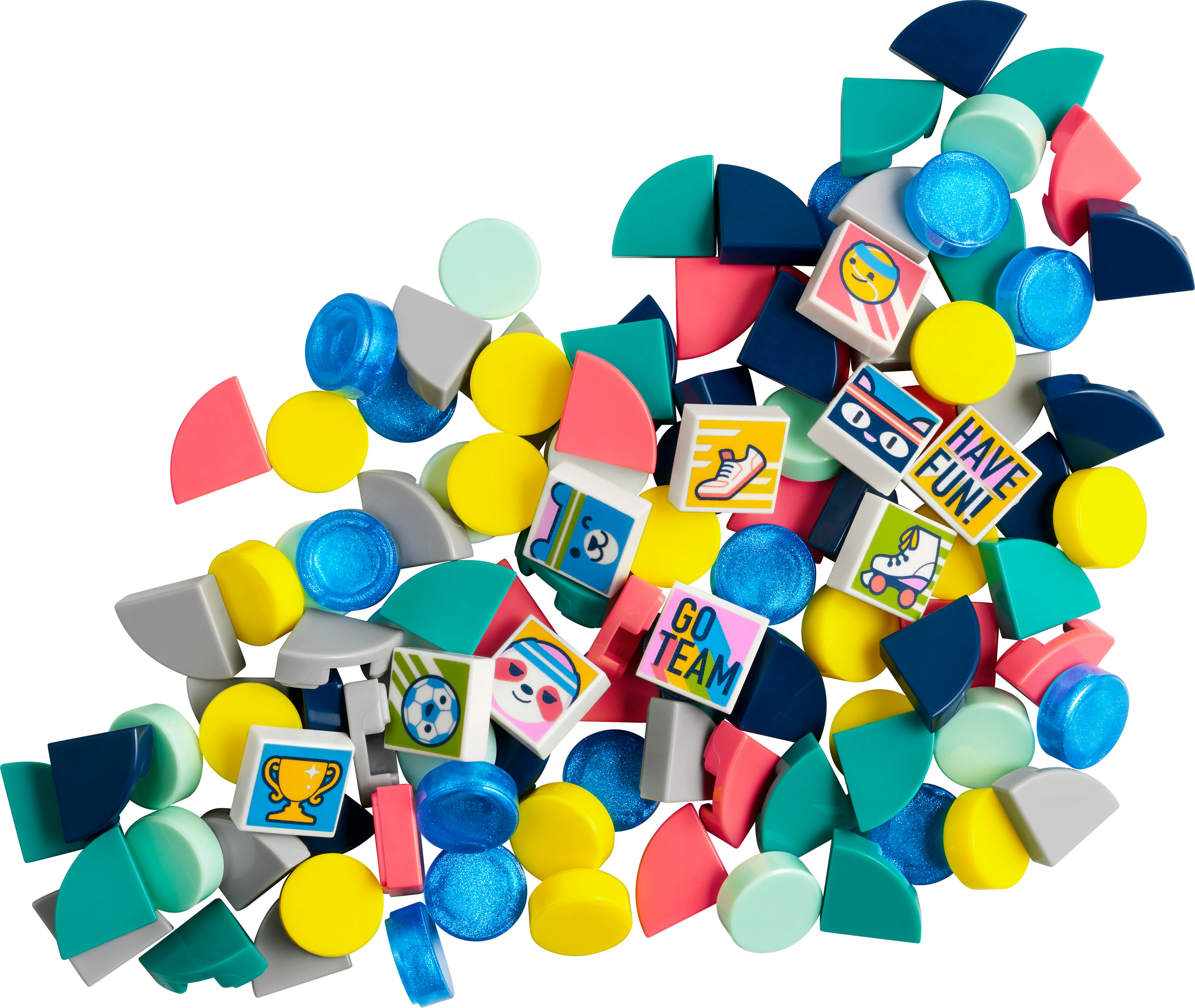 Colorful mix of geometric shapes and tiles with sports and fun icons, scattered on a white background.