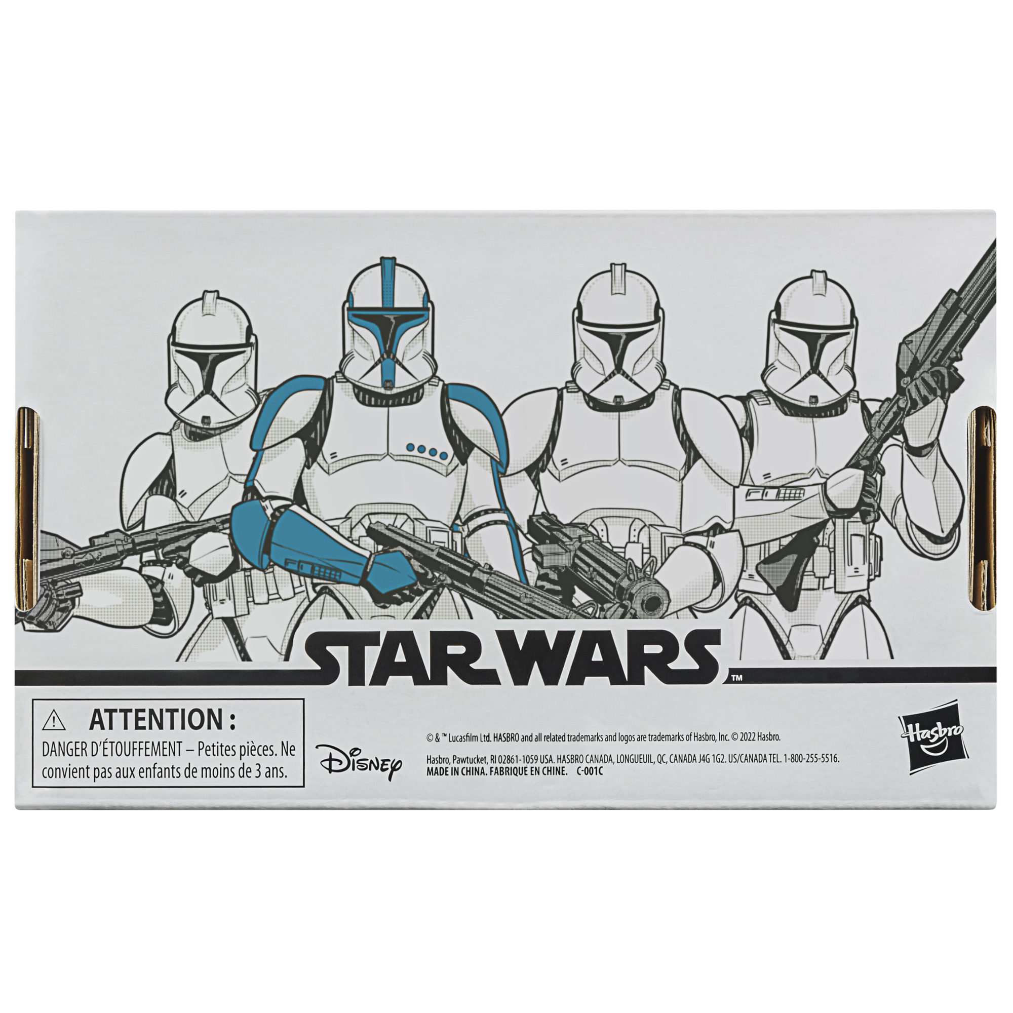 Beyaz ve mavi zırhlı, blaster tutan, Star Wars logosuyla Star Wars klon askerlerinin kutu resmi.