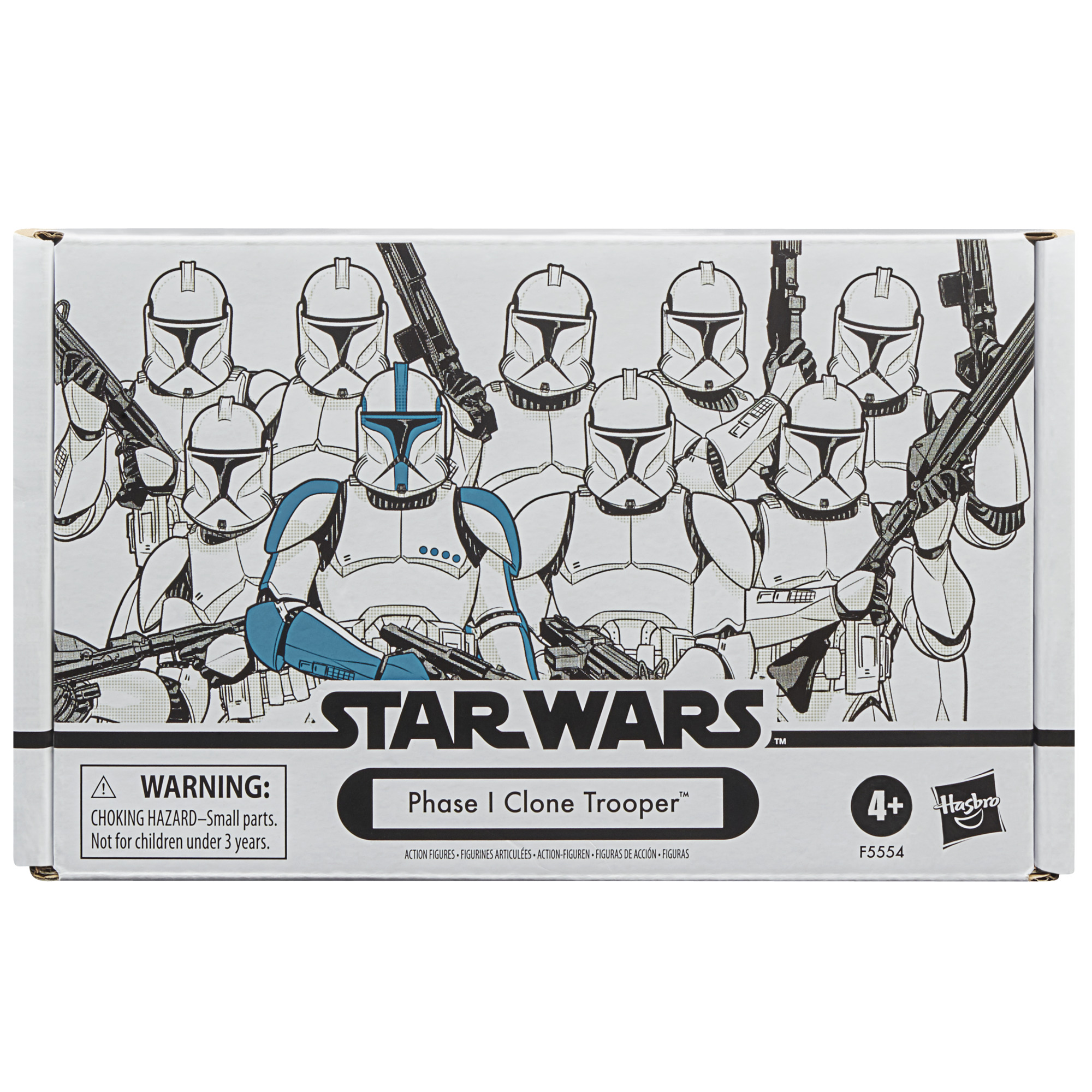 Star Wars Phase I Clone Troopers'ın kutu sanatı. Beyaz ve mavi figürler, blasterlar. Küçük parçalar uyarısı.