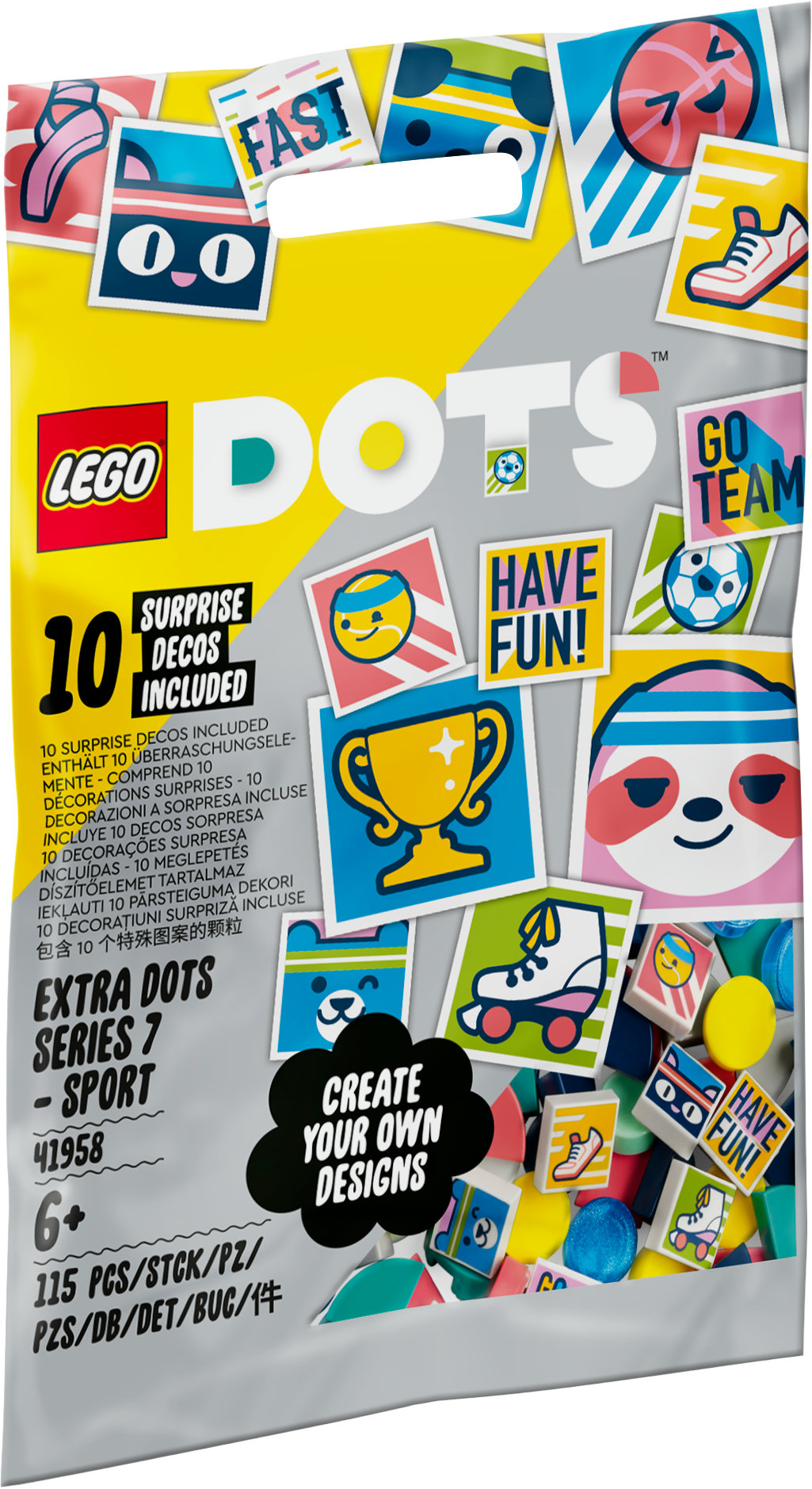 A Lego Dots bag with Sport theme. It has various sport related icons and the text "Create your own designs".