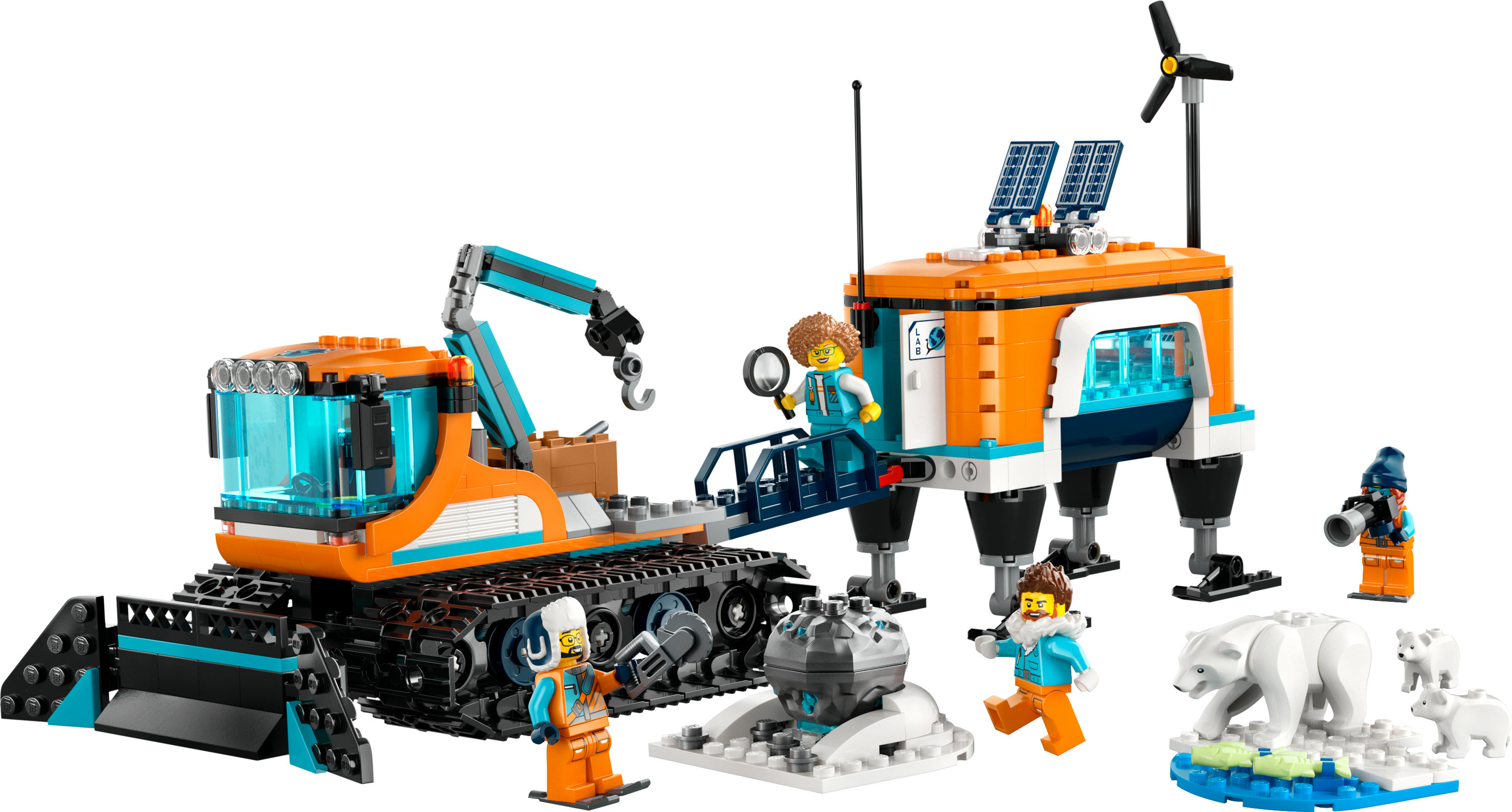 Bir Lego Arktik üssü seti. Turuncu ve mavi kar traktörü, araştırma istasyonu, minifigürler, kutup ayıları ve küçük bir buzdağı içerir.