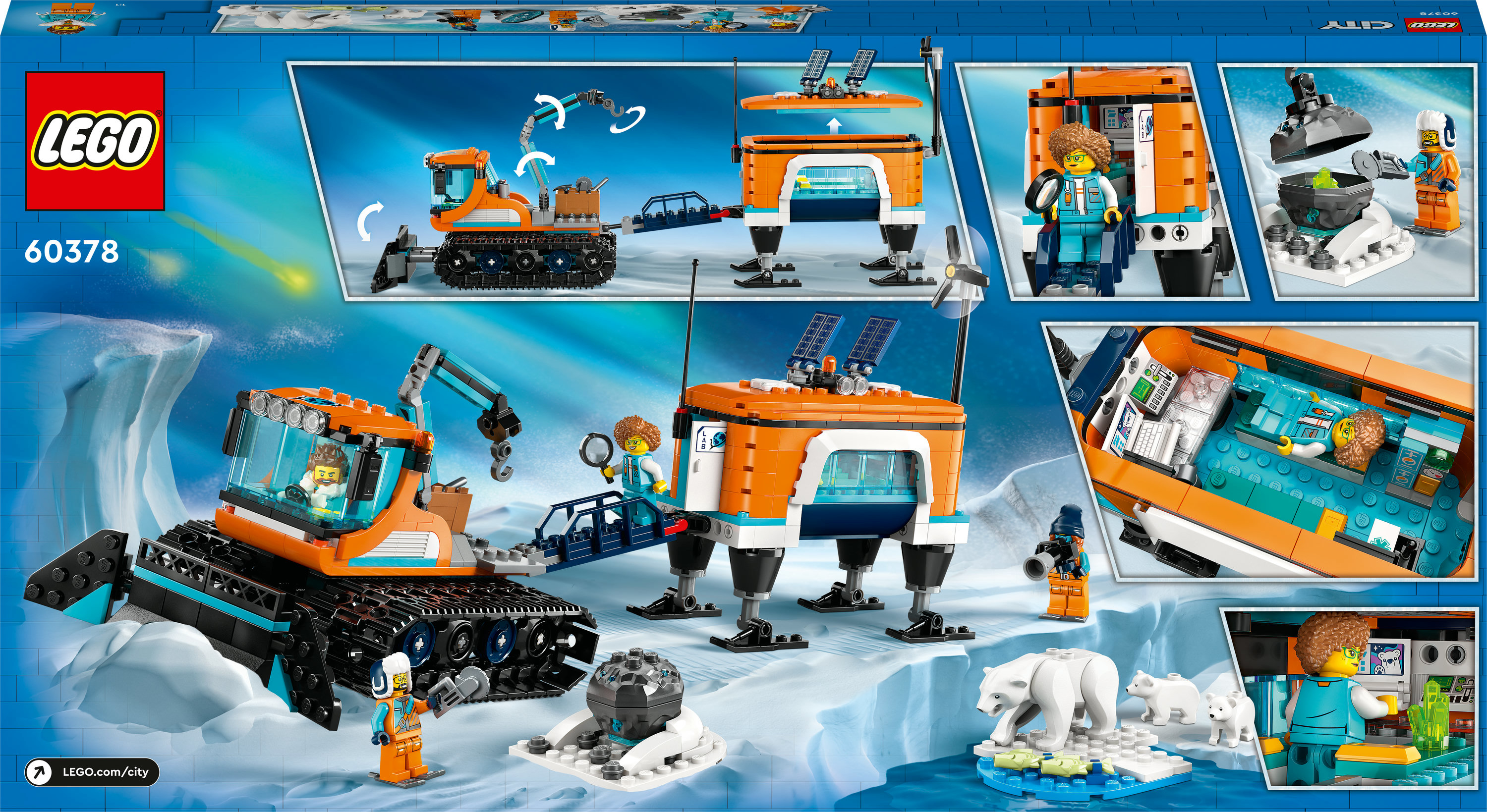 LEGO City Arctic seti. Turuncu ve mavi paletli araç, araştırma istasyonu, figürler, kutup ayıları ve buz oluşumları içerir.