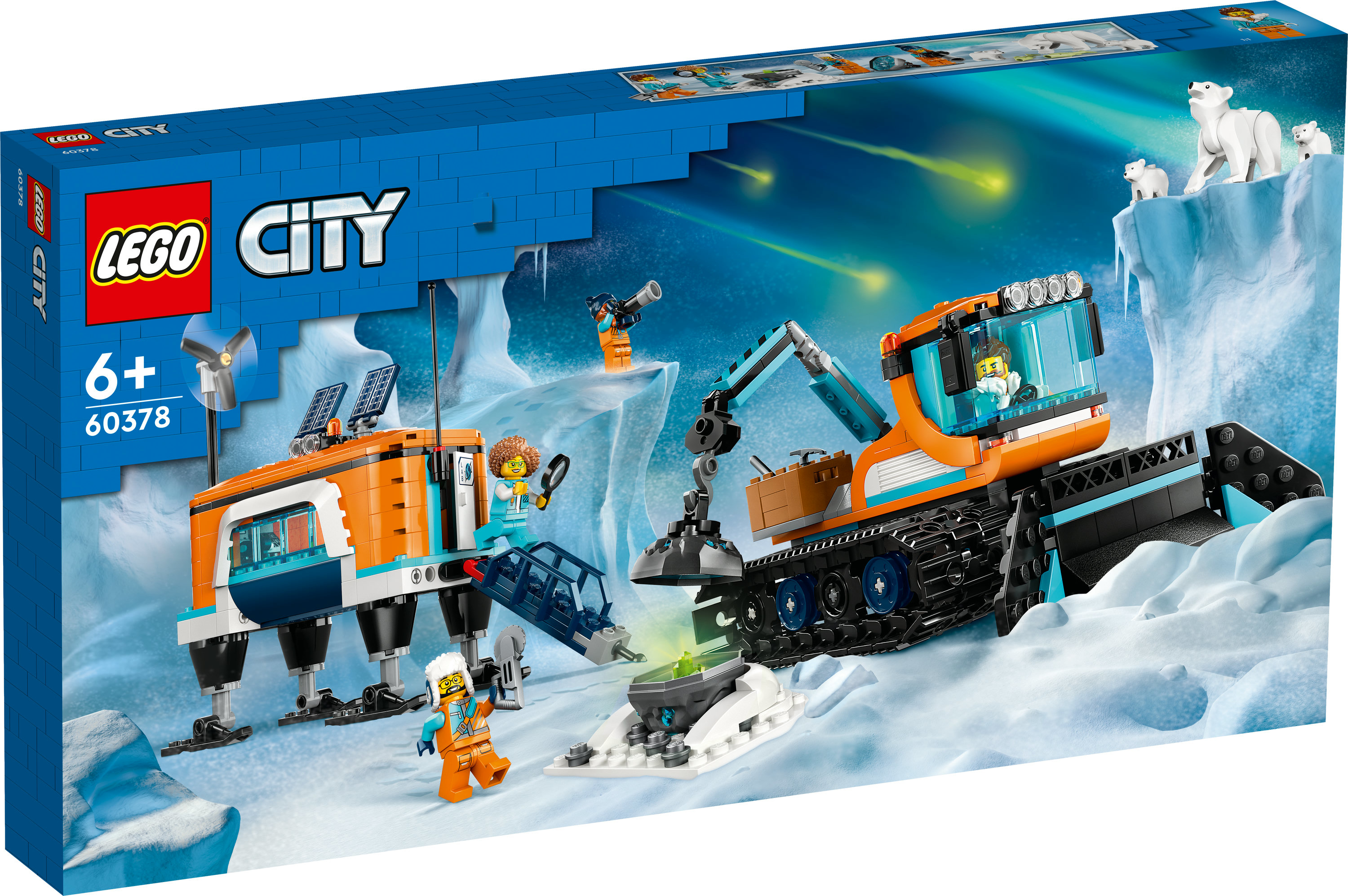 Lego City Arctic seti. Turuncu kar aracı, araştırma istasyonu, kutup ayıları ve karla kaplı bir arazideki minifigürler.