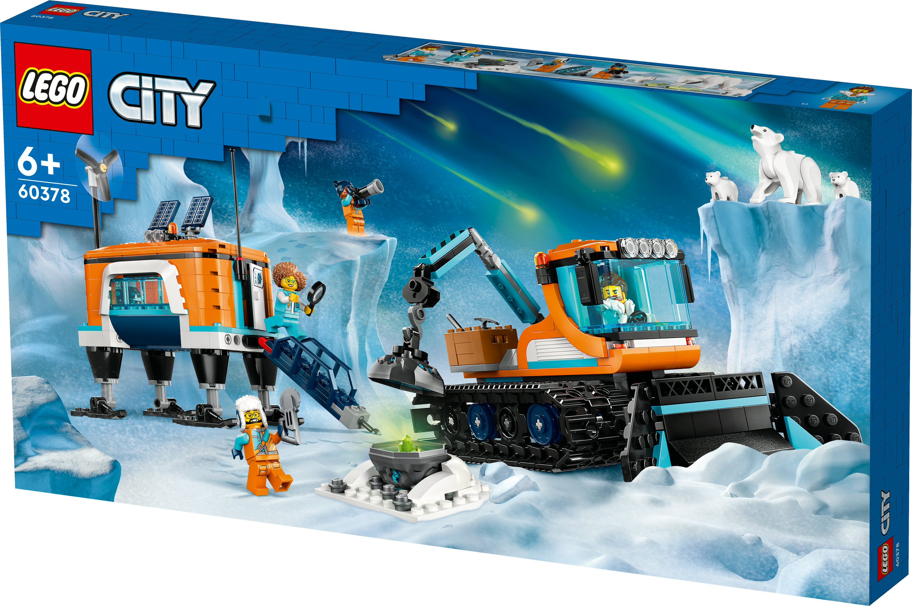 Lego City set kutusu. Mavi gökyüzü ile, araçlar, figürler ve buzdağında kutup ayıları ile bir kutup sahnesi tasvir ediyor.