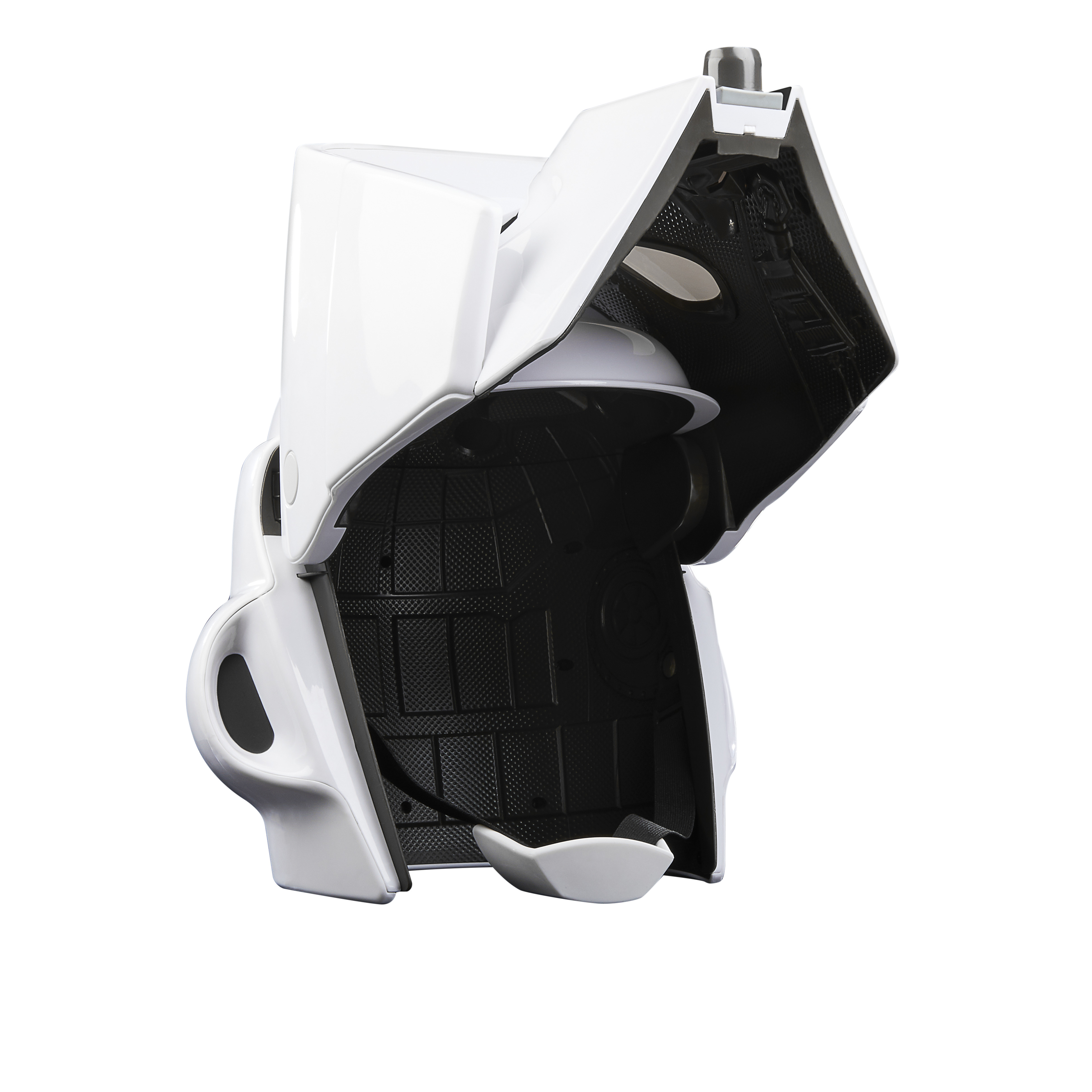 Een witte, open helm met zwart interieur. Het staat op een witte achtergrond en toont de binnenkant.