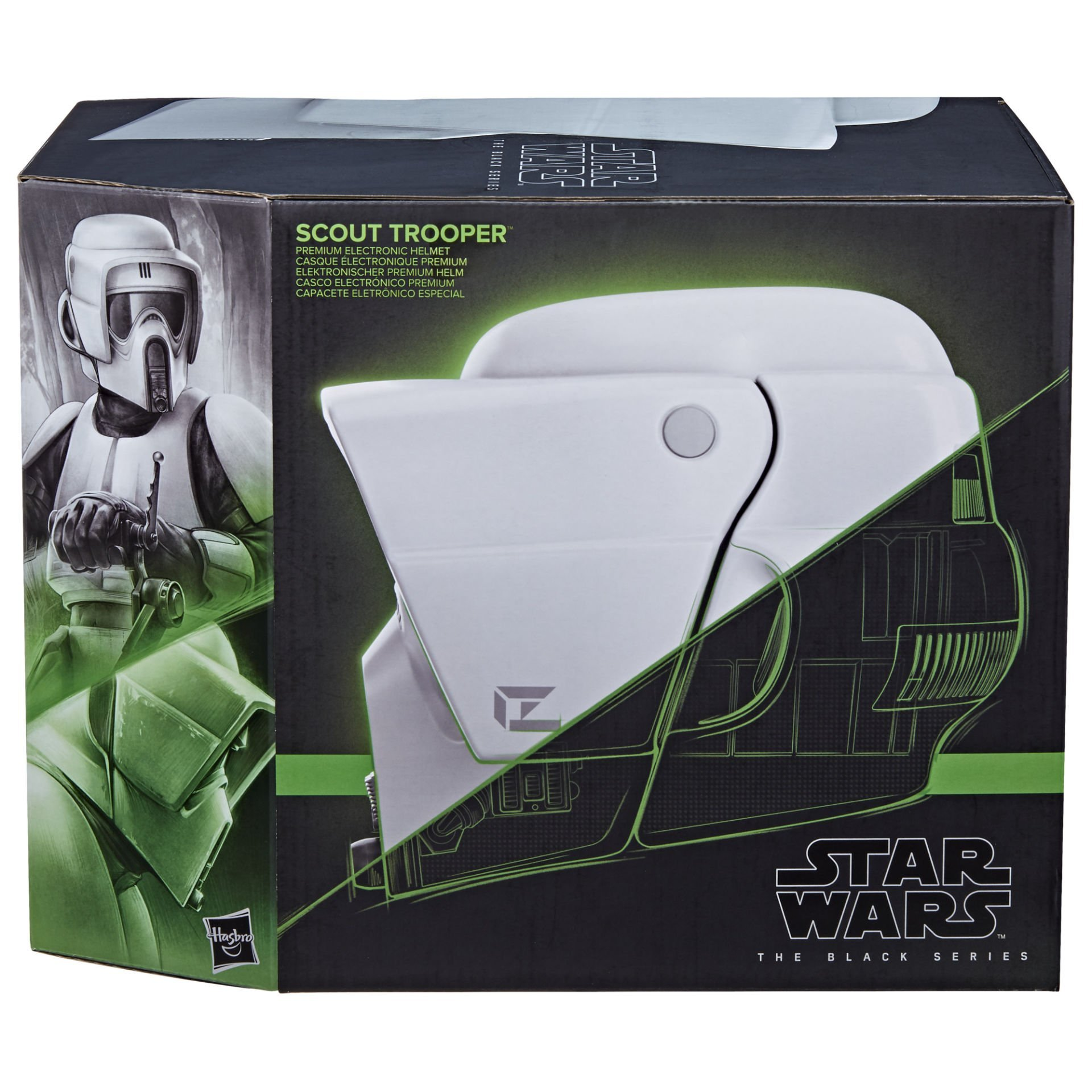 Een Star Wars Black Series doos toont een witte Scout Trooper helm. De doos heeft een groen en zwart ontwerp met het Star Wars logo.
