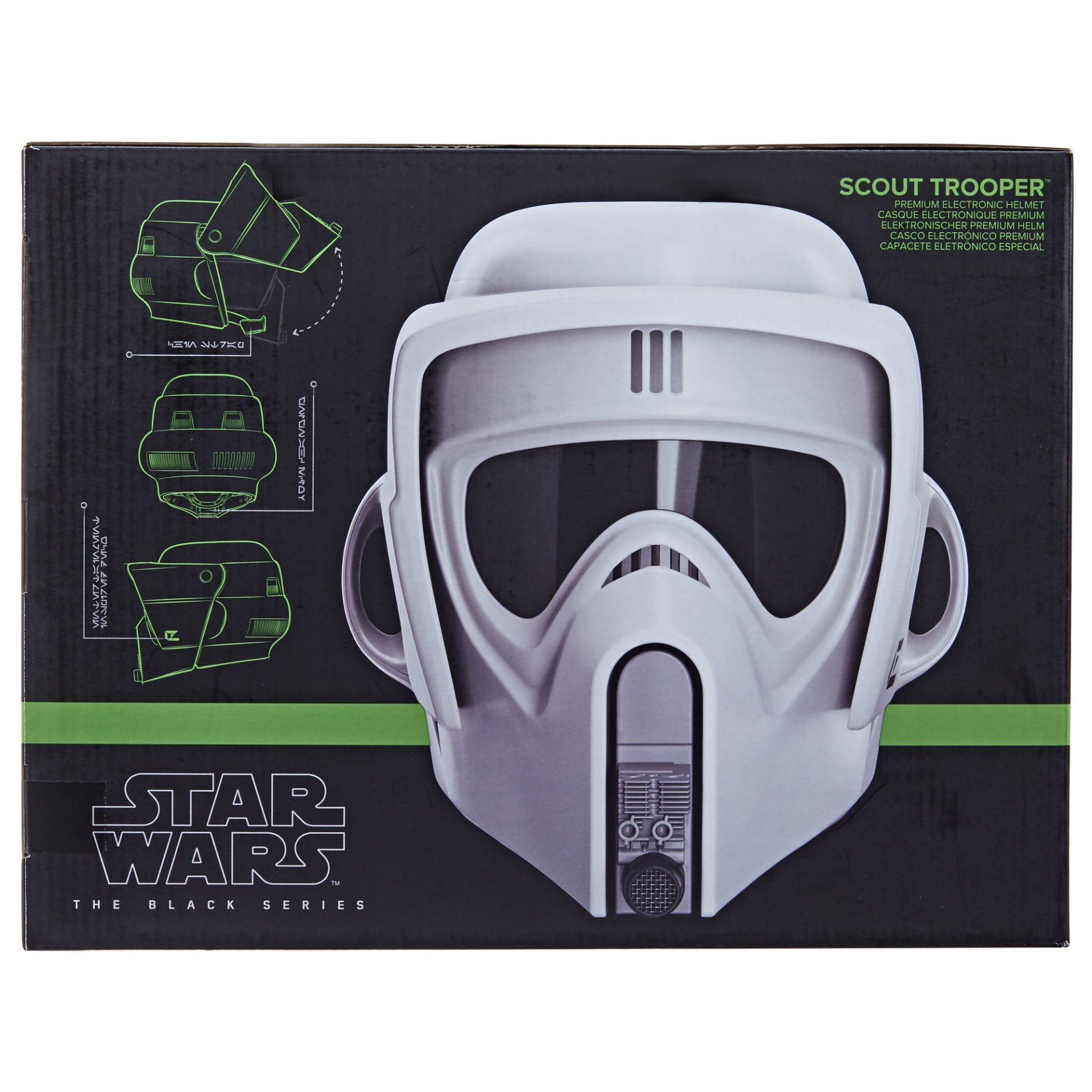 Een Star Wars Scout Trooper helmdoos. De helm is wit, met een zwarte achtergrond. Groene en witte tekst is zichtbaar.