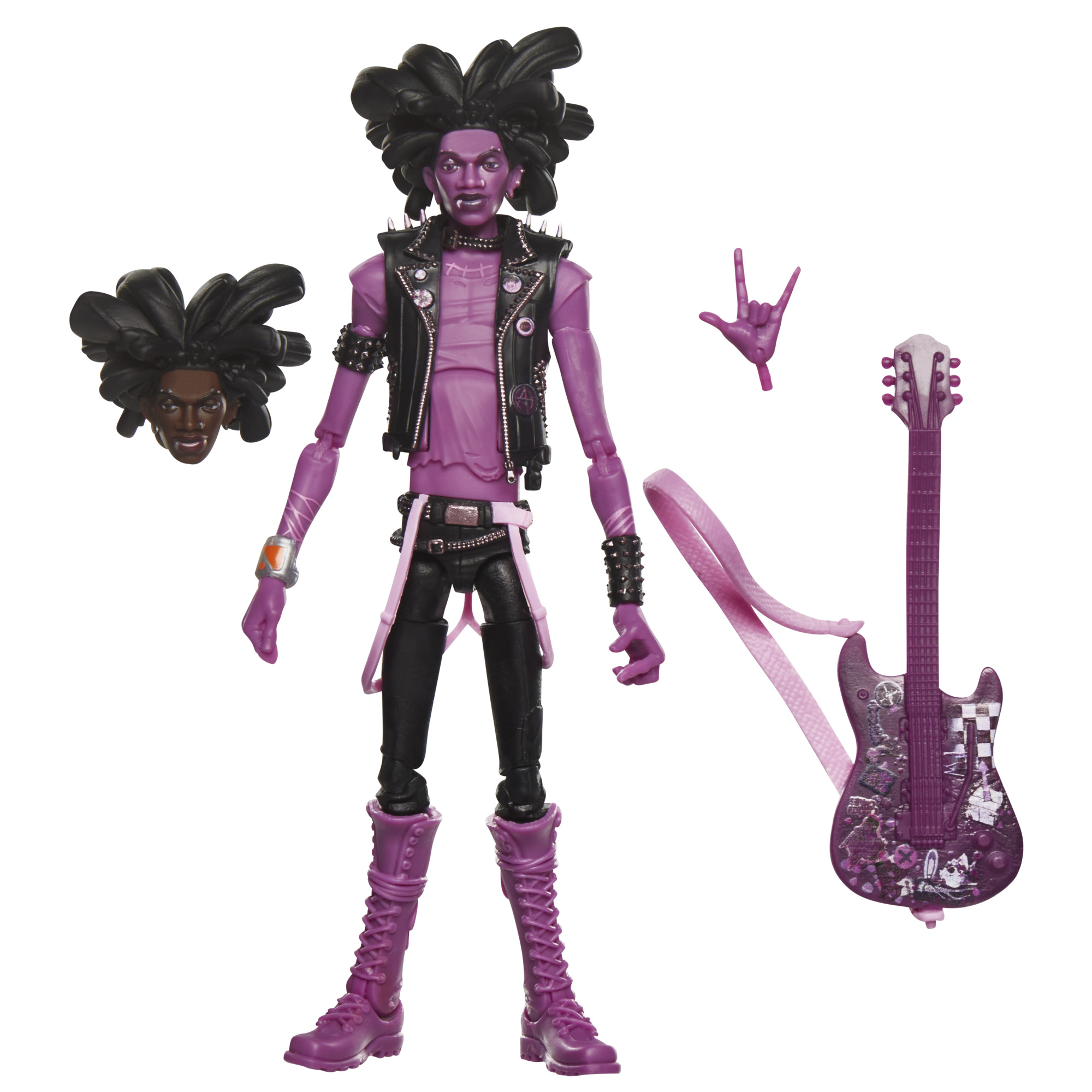 Muñeca morada con pelo negro, chaqueta de cuero y guitarra. Incluye una cabeza de repuesto y un gesto con la mano.