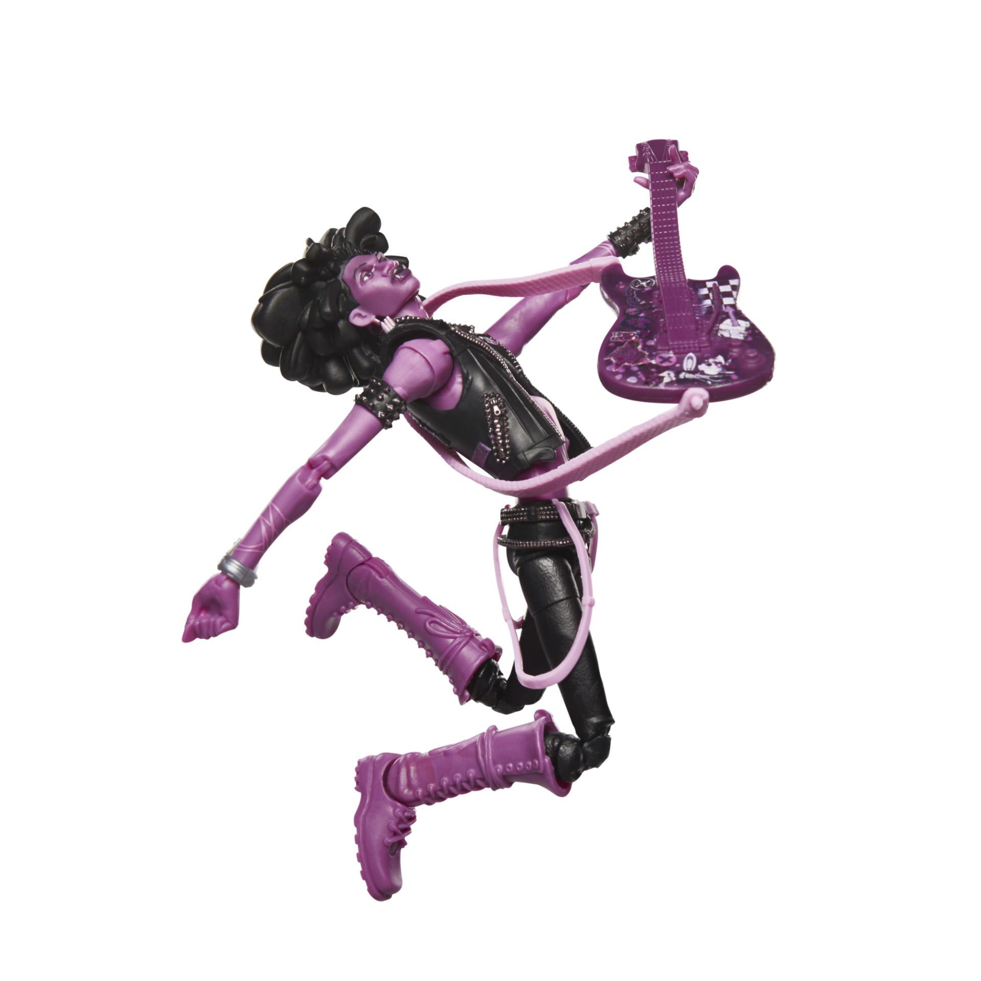 Una figura morada en pose de estrella de rock, sosteniendo una guitarra a juego. Vistiendo un atuendo negro y morado, con cabello negro. Aislado en blanco.