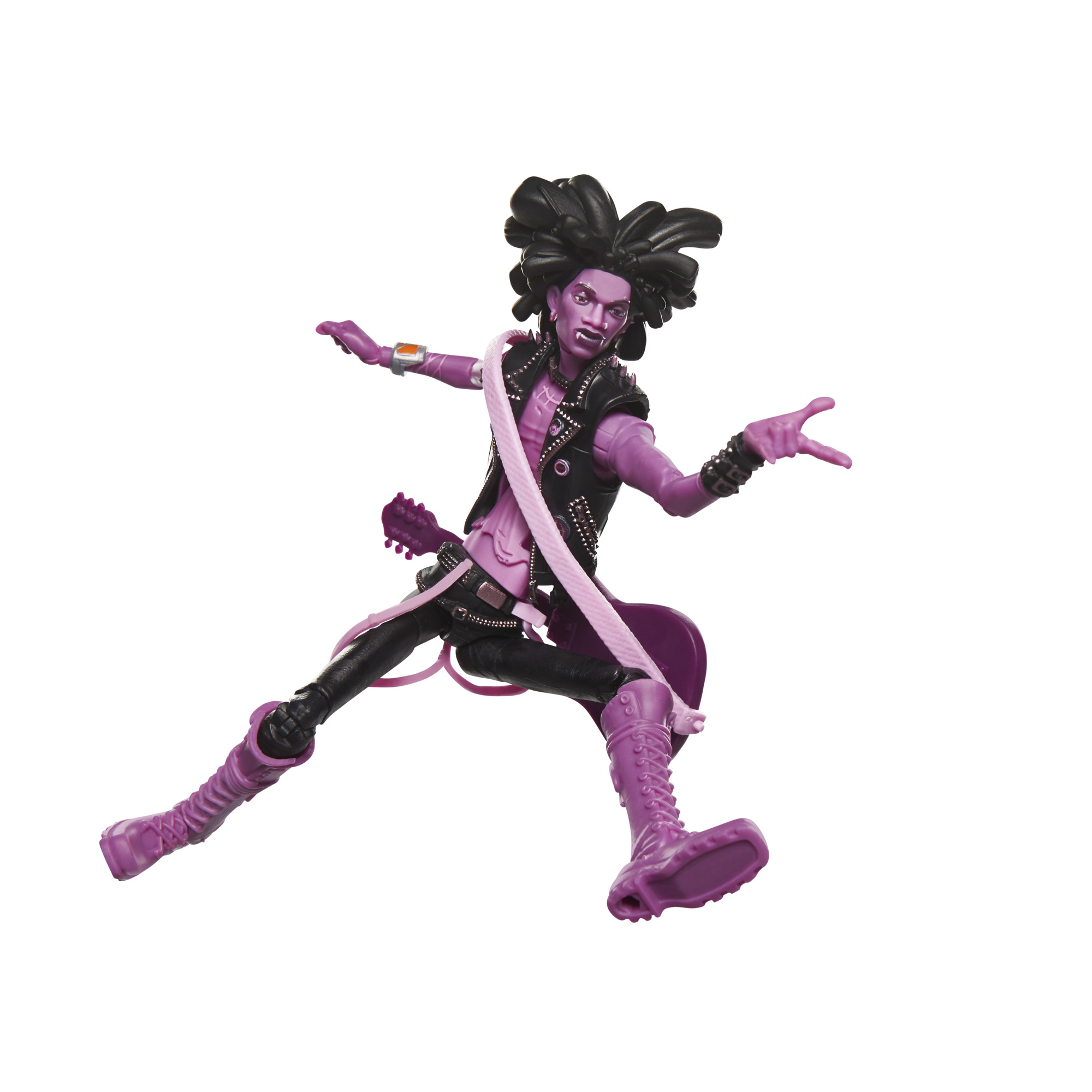 Figura morada de un personaje con cabello negro, chaqueta de cuero y botas, sosteniendo una guitarra. Sobre fondo blanco.