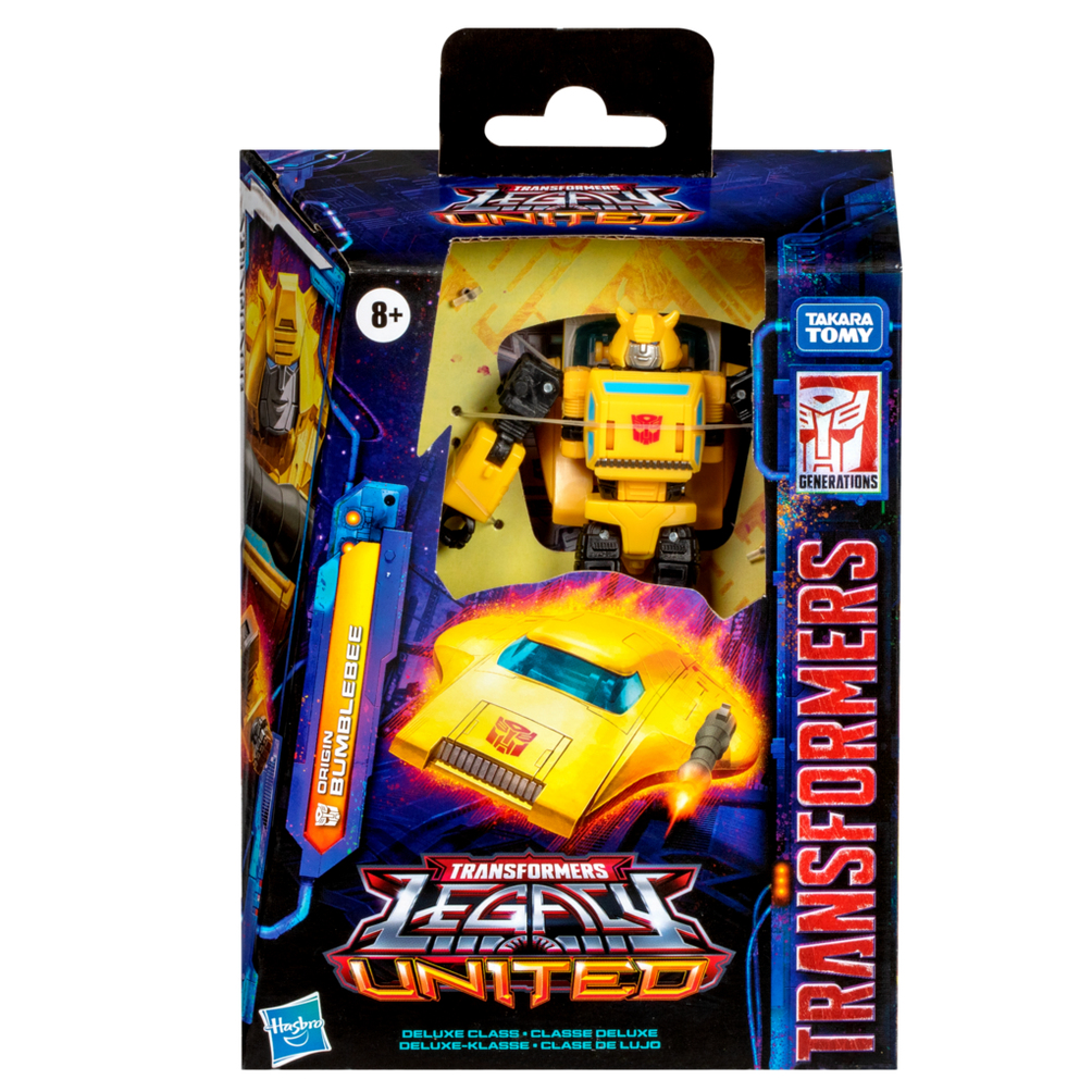 Un giocattolo Bumblebee di Transformers Legacy United in una scatola. Il giocattolo è giallo e nero. La scatola presenta loghi e testo.