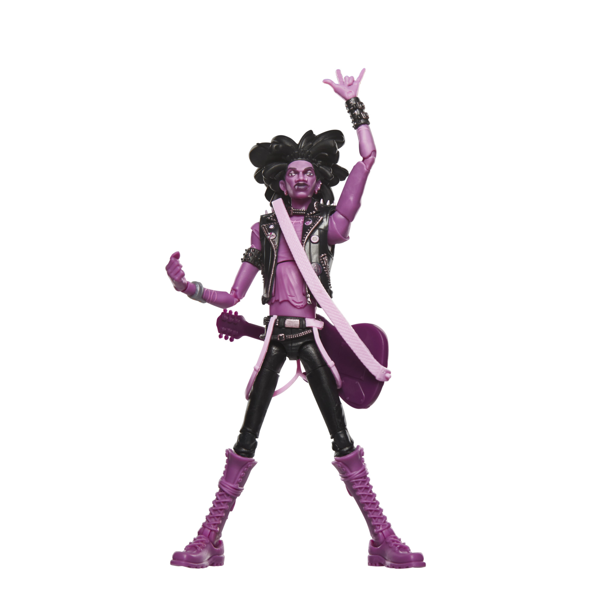 Una figura de juguete morada de un rockero, con cabello negro, chaqueta de cuero negra y una guitarra. Está sobre fondo blanco.