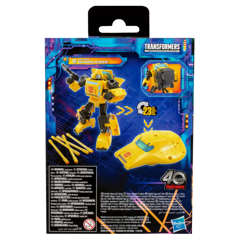 Illustrazione della scatola di un giocattolo Transformers Bumblebee giallo in forma di robot e veicolo, più testo e loghi.