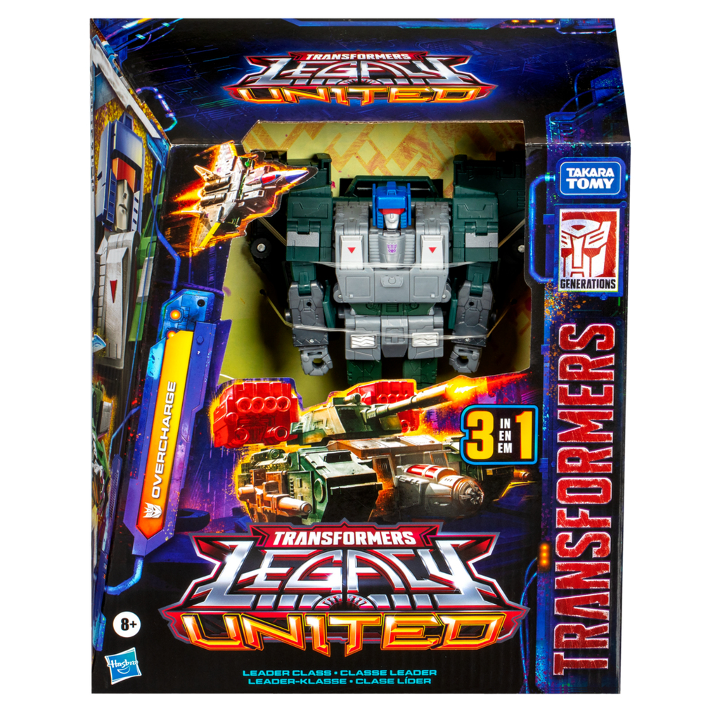 Bir Transformers Legacy United oyuncak kutusu. Bir robot, bir tank ve bir jet uçağı sergiliyor. Kutu mavi, yeşil ve kırmızı bir renk şemasına sahip.
