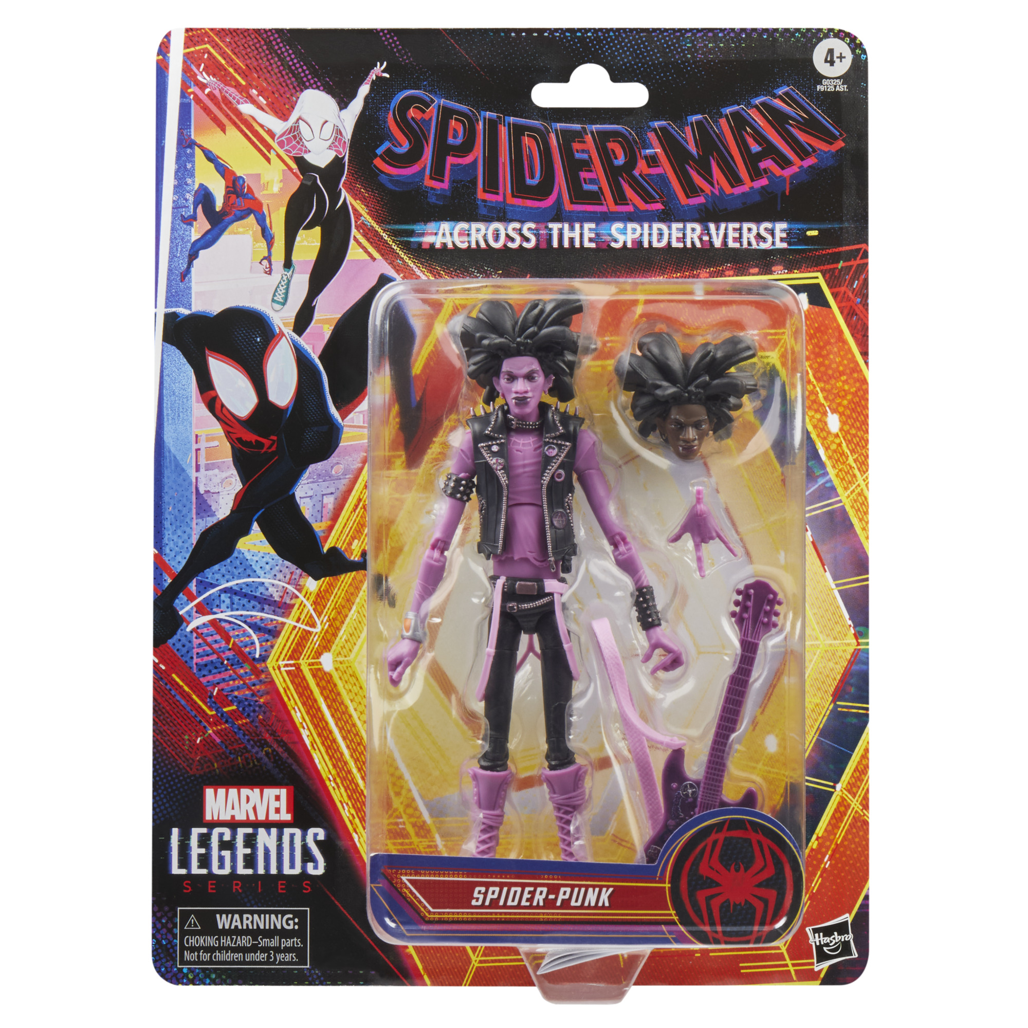 Figura de acción de Spider-Punk en embalaje. La figura es rosa con detalles negros y una guitarra. El fondo presenta arte de Spider-Man.