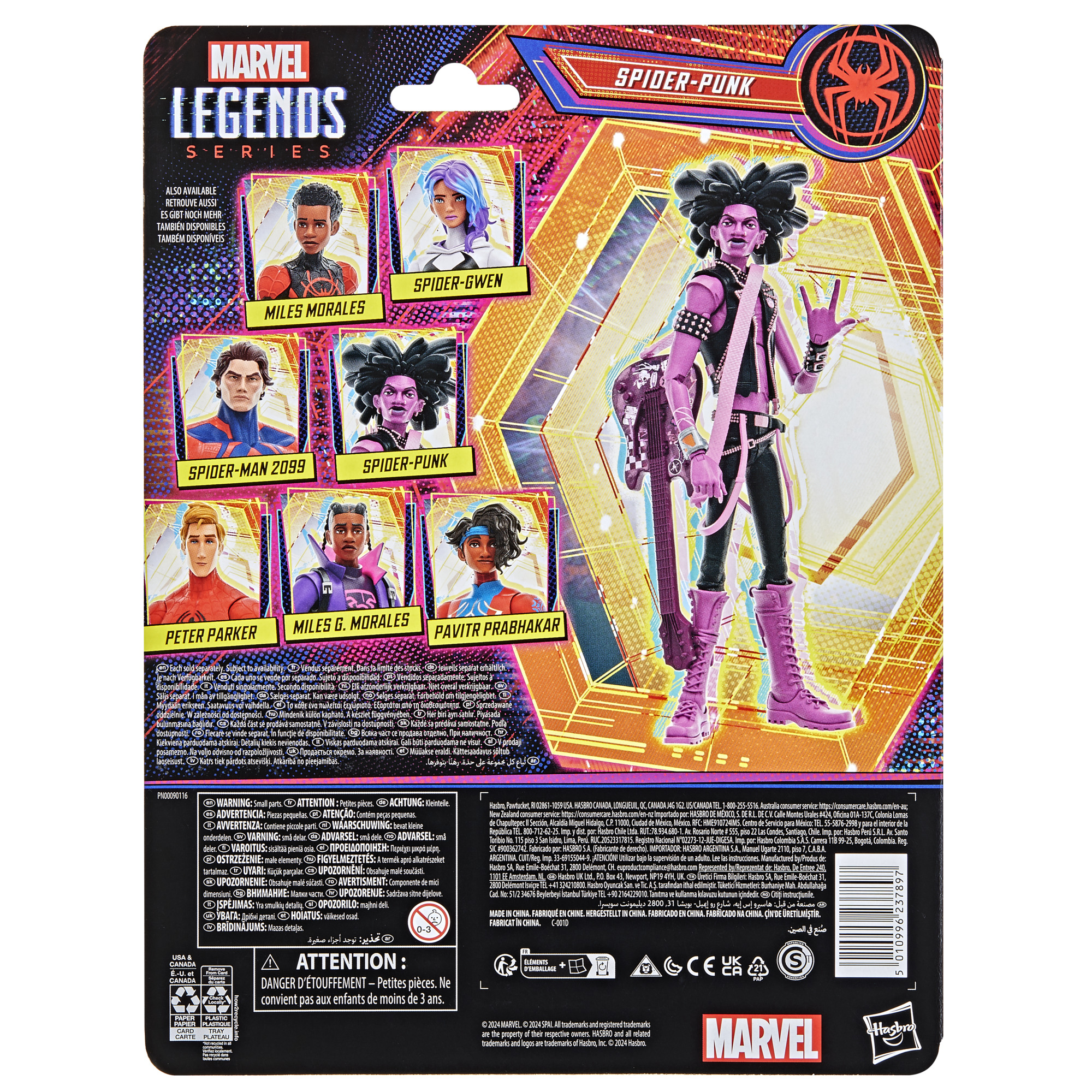 Parte trasera de la caja de la figura Spider-Punk de Marvel Legends. Muestra la figura, otros personajes y texto.