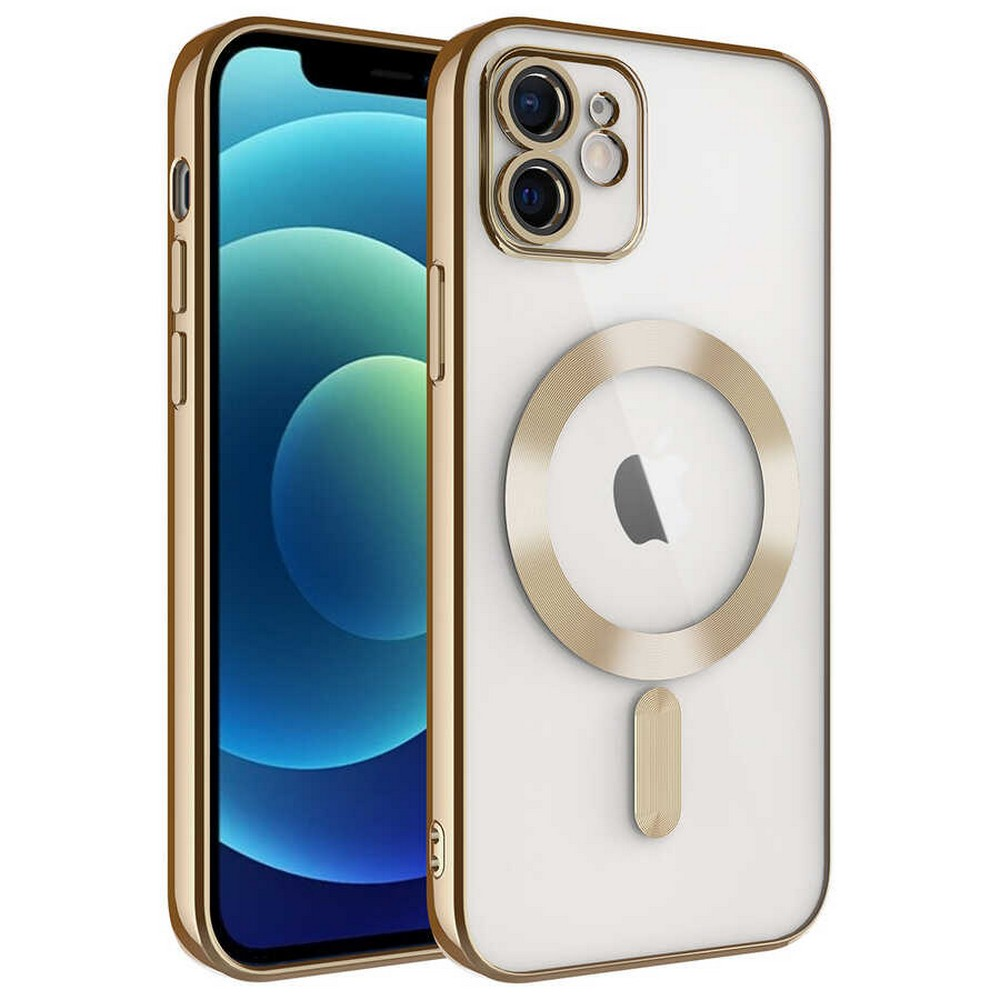 Şeffaf kılıflı iPhone. Kılıfın altın çerçevesi ve altın MagSafe halkası var. iPhone mavi bir arka plan gösteriyor.