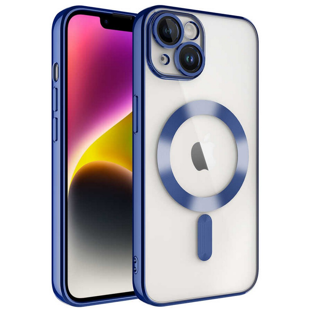 Mavi kenarlı şeffaf kılıf içinde bir iPhone. Telefon ekranında renkli bir duvar kağıdı görülüyor. Kılıfta mavi bir halka ve küçük bir dikdörtgen var.