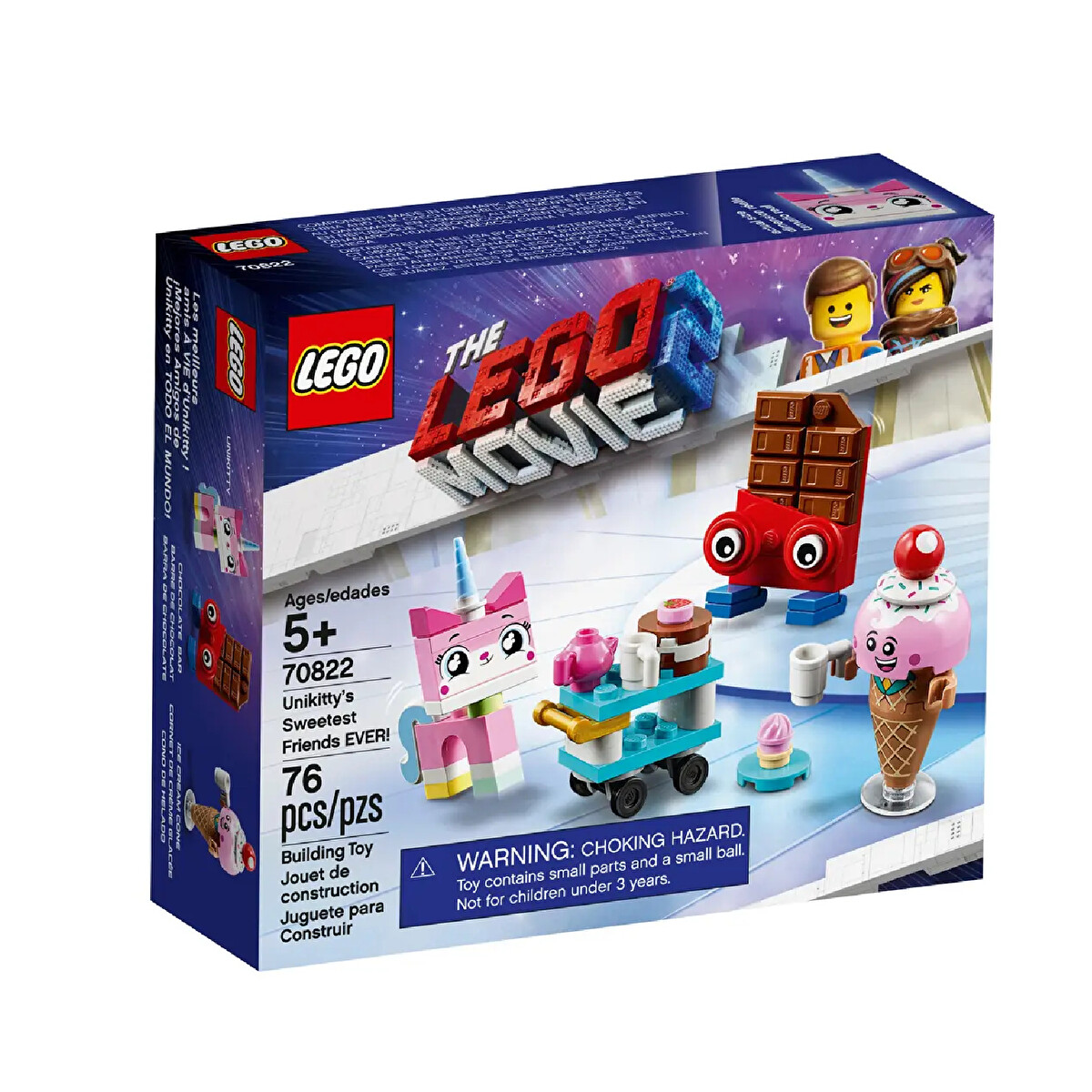 Set scatola Lego. Presenta Unikitty, cono gelato, barretta di cioccolato e altri personaggi Lego di The Lego Movie.