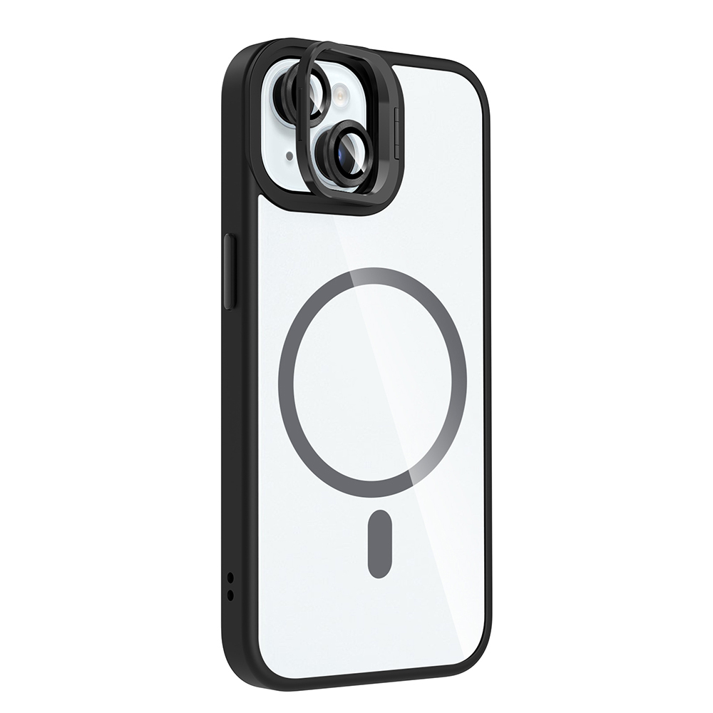 Siyah çerçeveli şeffaf iPhone kılıfı. Kamera lens koruyucusu ve arkada MagSafe dairesi var.