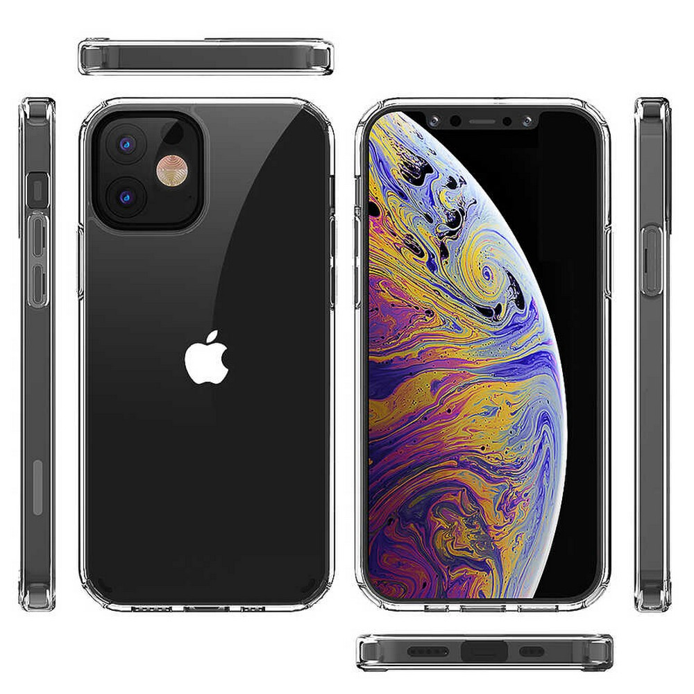 Şeffaf kılıflı bir iPhone, ekranı, arka tarafı ve yanları gösteriyor. Ekran, renkli soyut bir tasarım sergiliyor. Apple logosu görünür durumda.